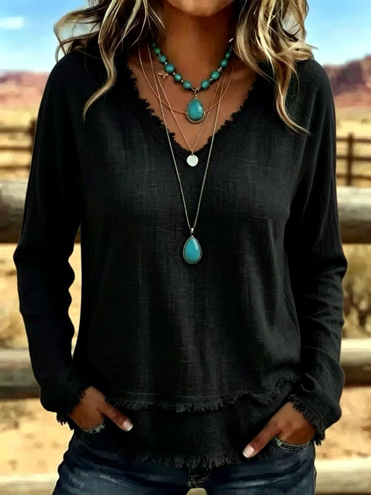 Women's Solid-Color V-Neck Relaxed-Fit Long-Sleeve T-Shirt in Black - product view