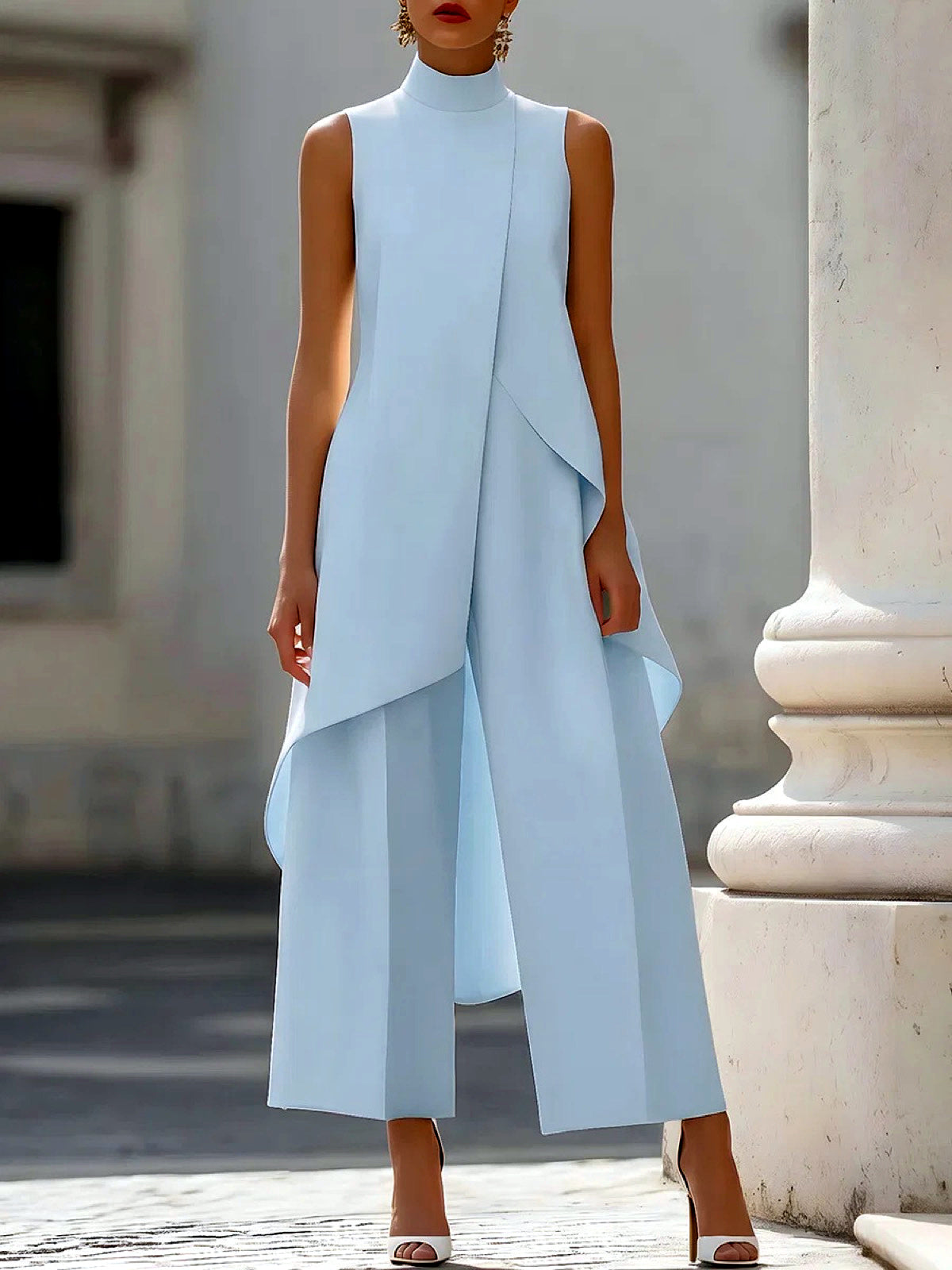 Solid-Color Patchwork Asymmetric Sleeveless Wide-Leg Top & Pants Set in Blue - product view