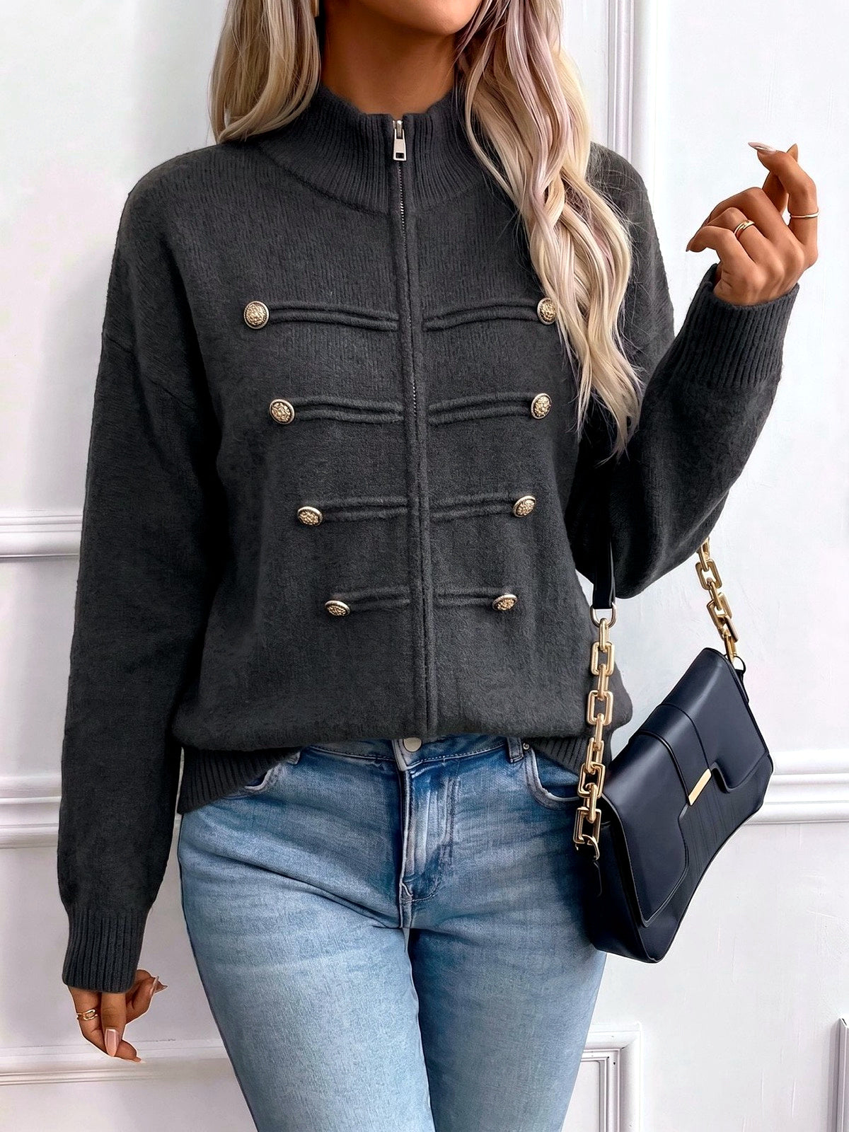 Women's Knit Stand-Collar Zip-Front Cardigan in Black - product view