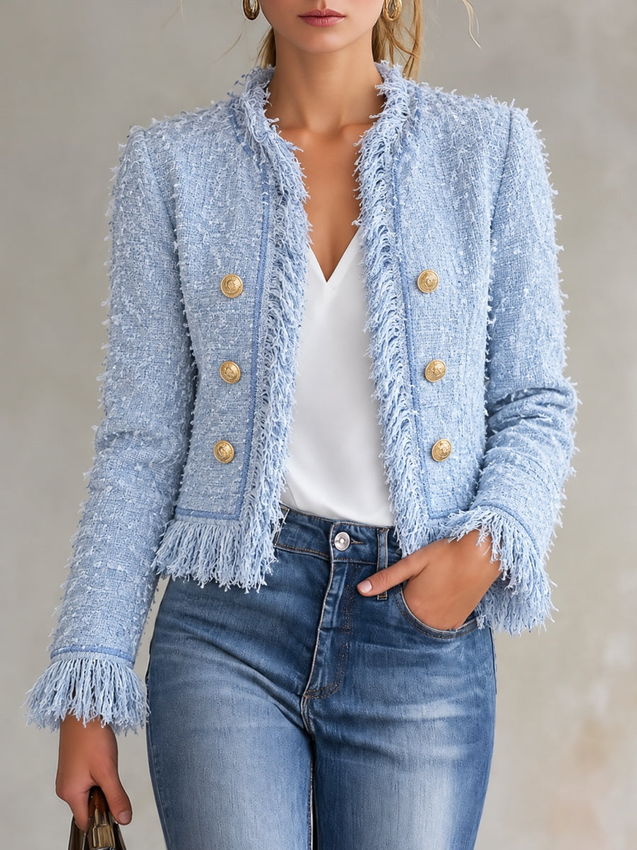 Tweed-Texture Fringe-Trim Cropped Blazer
