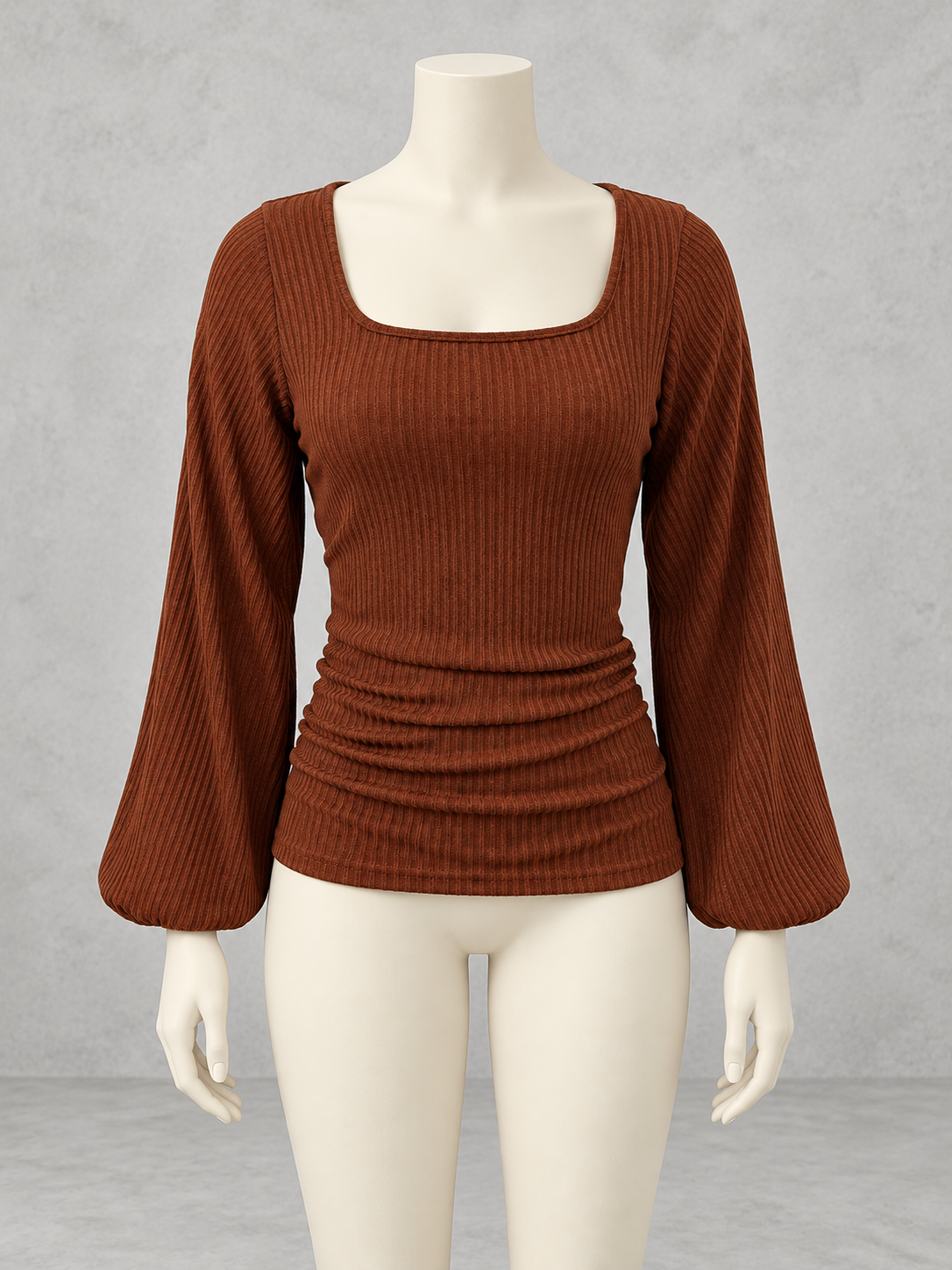 Women's Knit Slim-Fit Long-Sleeve Puff-Sleeve Stretch Top