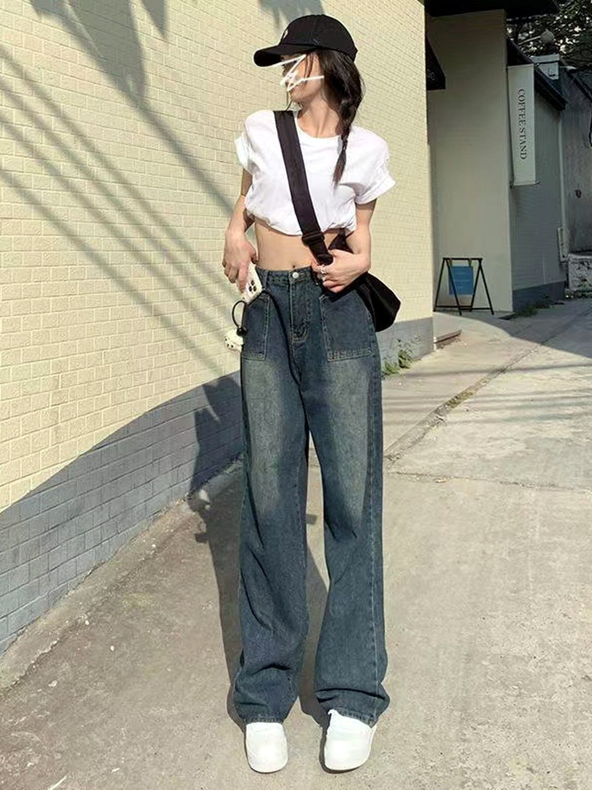 Women's Blue Gray Wide Leg Jeans, High Waist Loose Straight Denim Pants for Petite Casual Looks