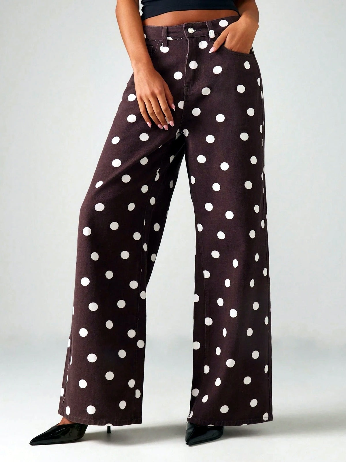Women's High Waist Printed Wide Leg Jeans, Polka Dot Straight Denim Pants