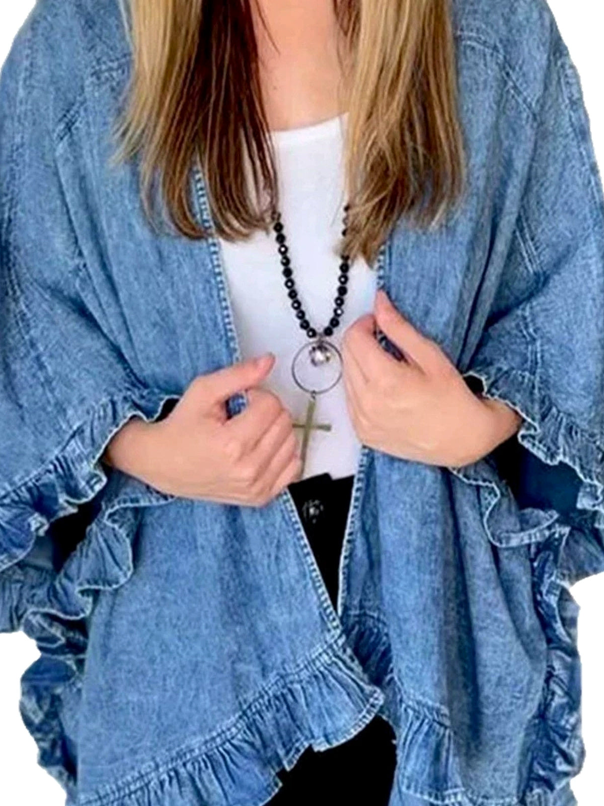 Women's Denim Ruffle-Trim Lace-Trim Washed Jacket - product detail view 2