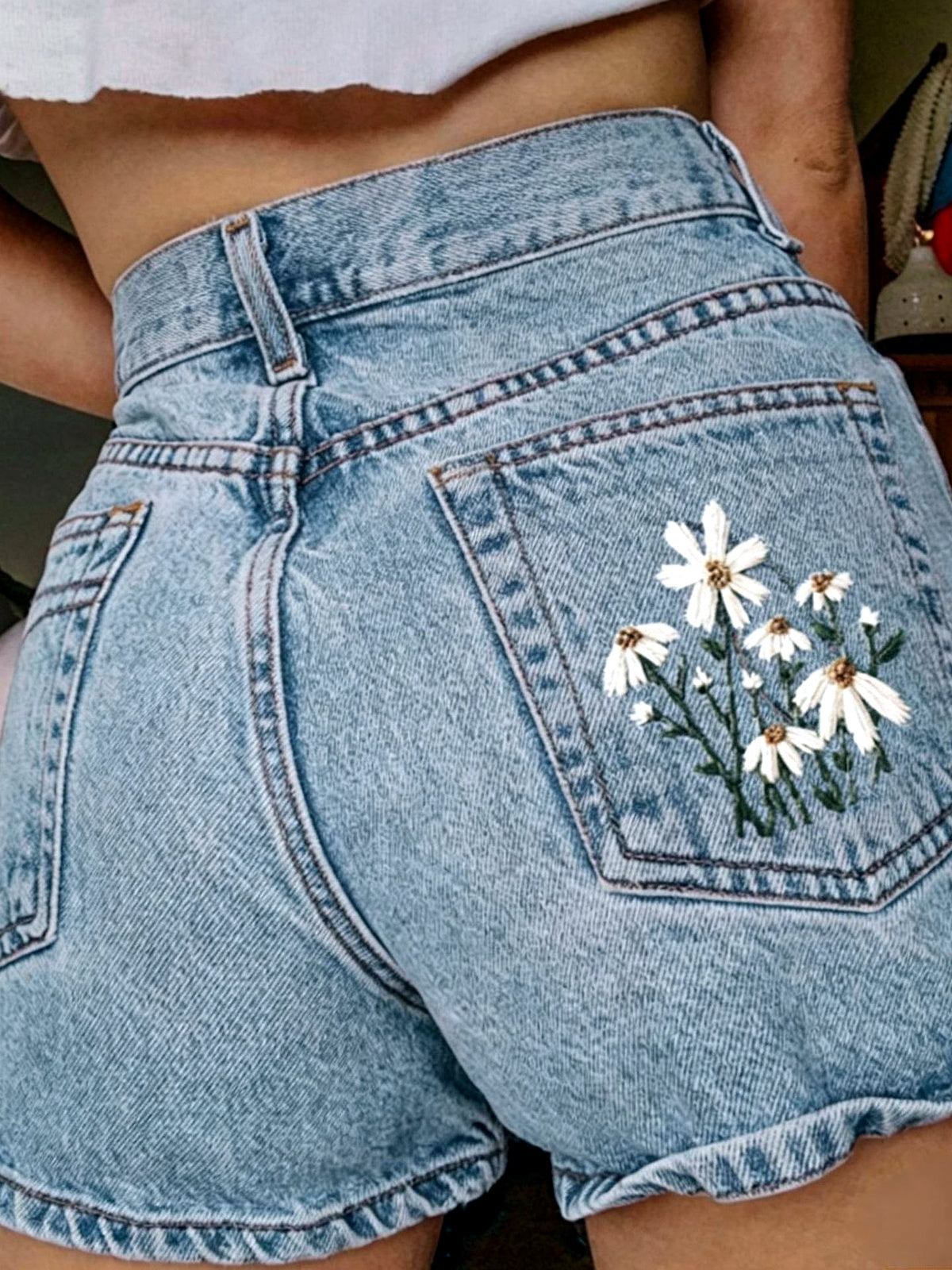Women's Denim Printed Relaxed-Fit Mid-Rise Vintage-Inspired Shorts in Light Blue - product view
