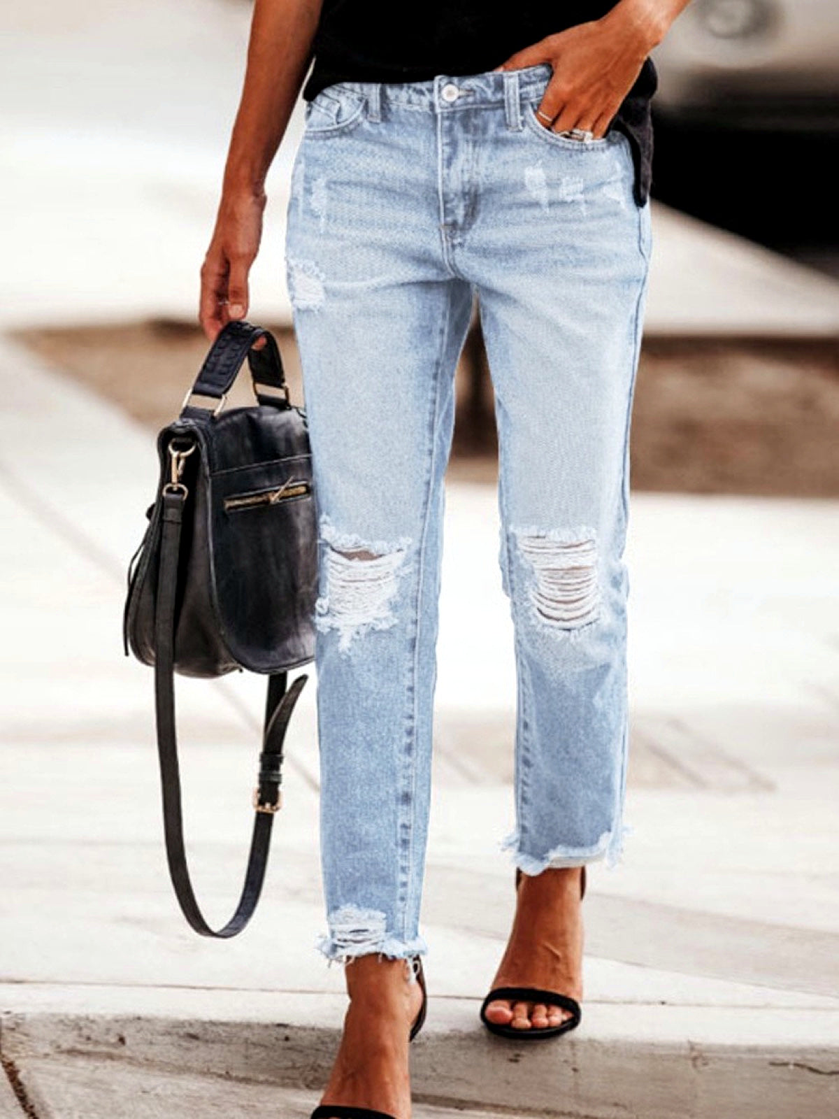 Women's Denim Distressed Mid-Rise Straight-Leg Pants in Light Blue - product view
