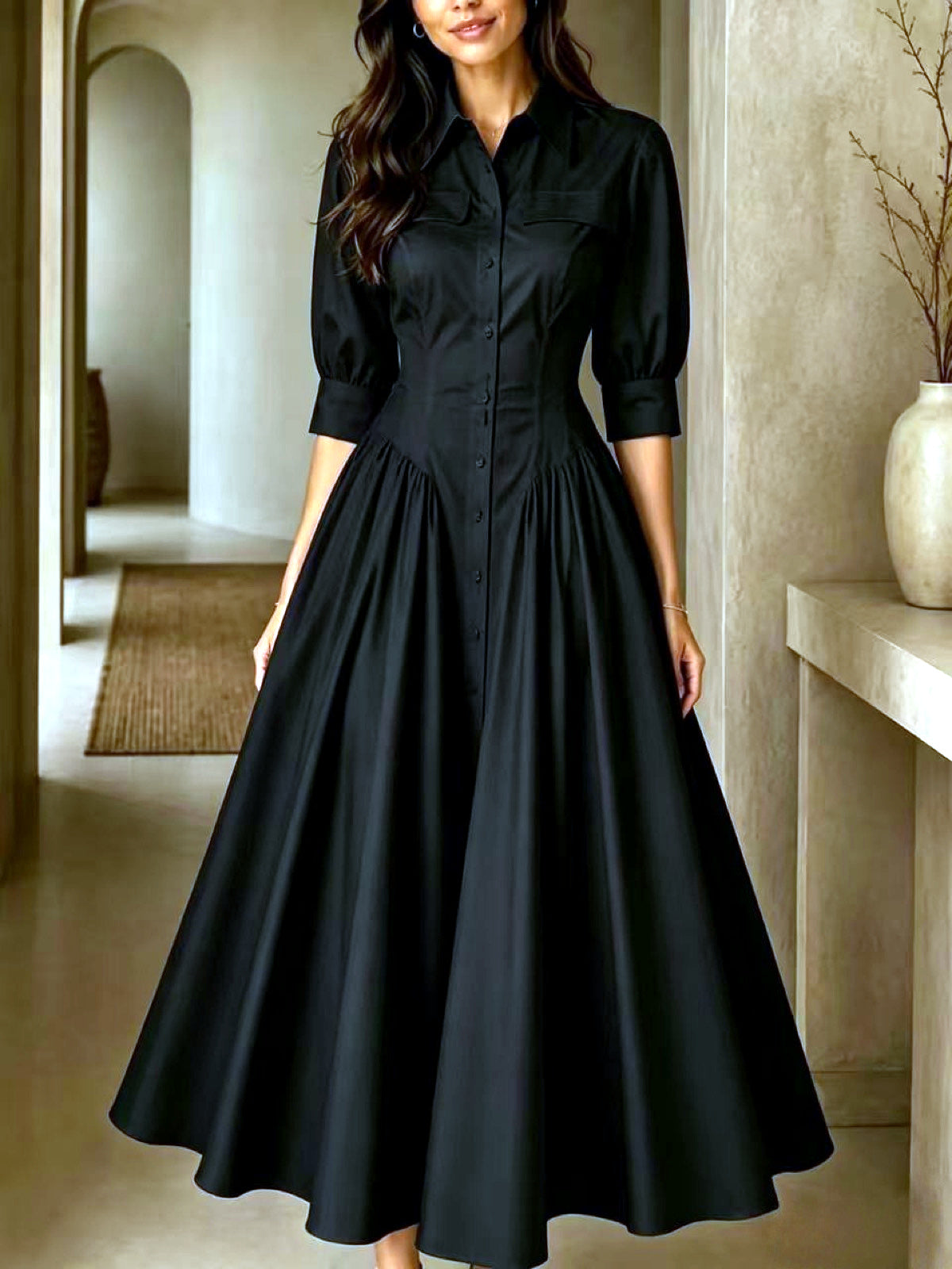 Linen-Blend Solid-Color Pocket High-Waist Dress in Black - product view