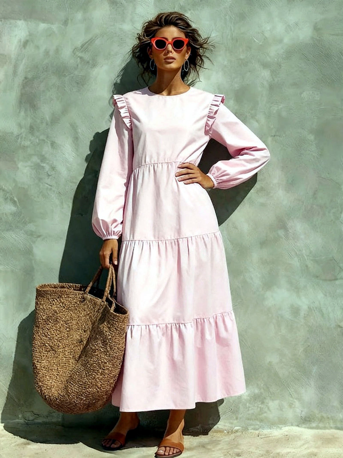 Solid-Color Crew-Neck Relaxed-Fit Long-Sleeve Dress in Pink - product view