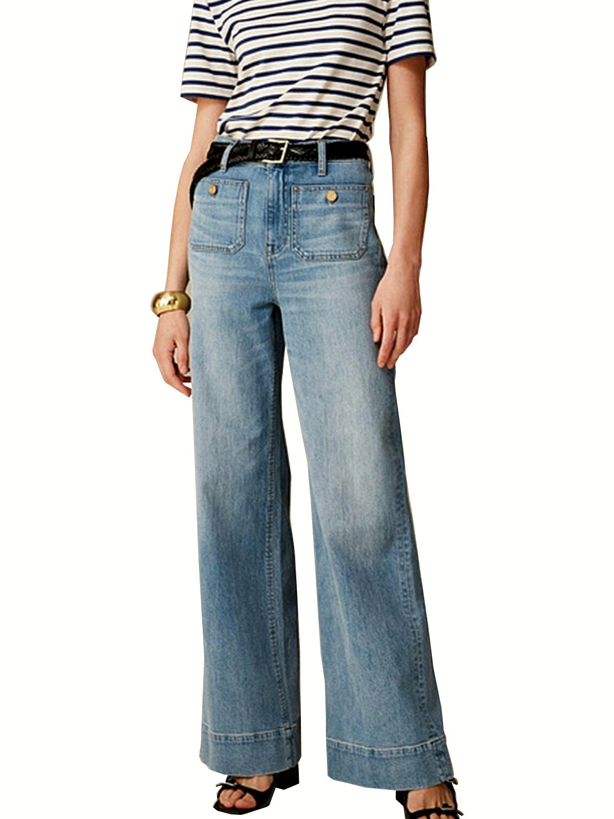 Women's Denim High-Waist Wide-Leg Washed Straight-Leg Flared Relaxed-Fit Jeans in Light Blue - product view