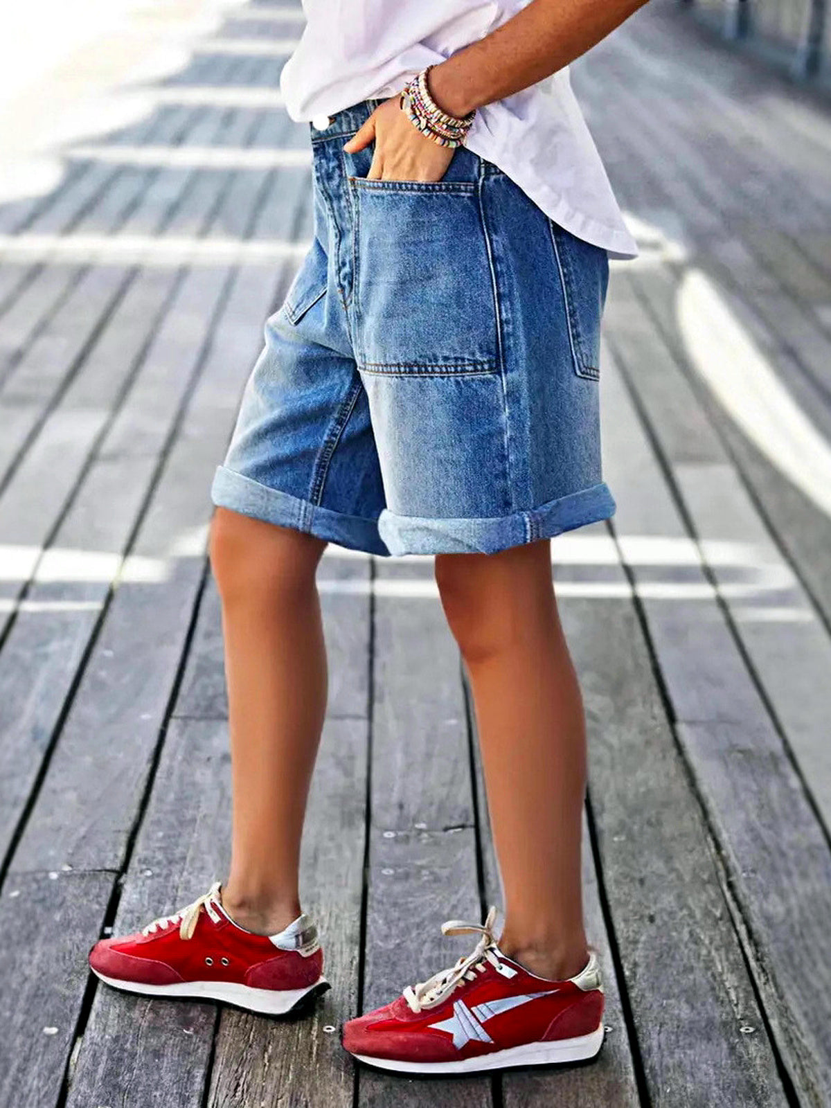 Women's Washed Denim Distressed Stretch Mid-Rise Straight-Leg Jeans - product detail view 1
