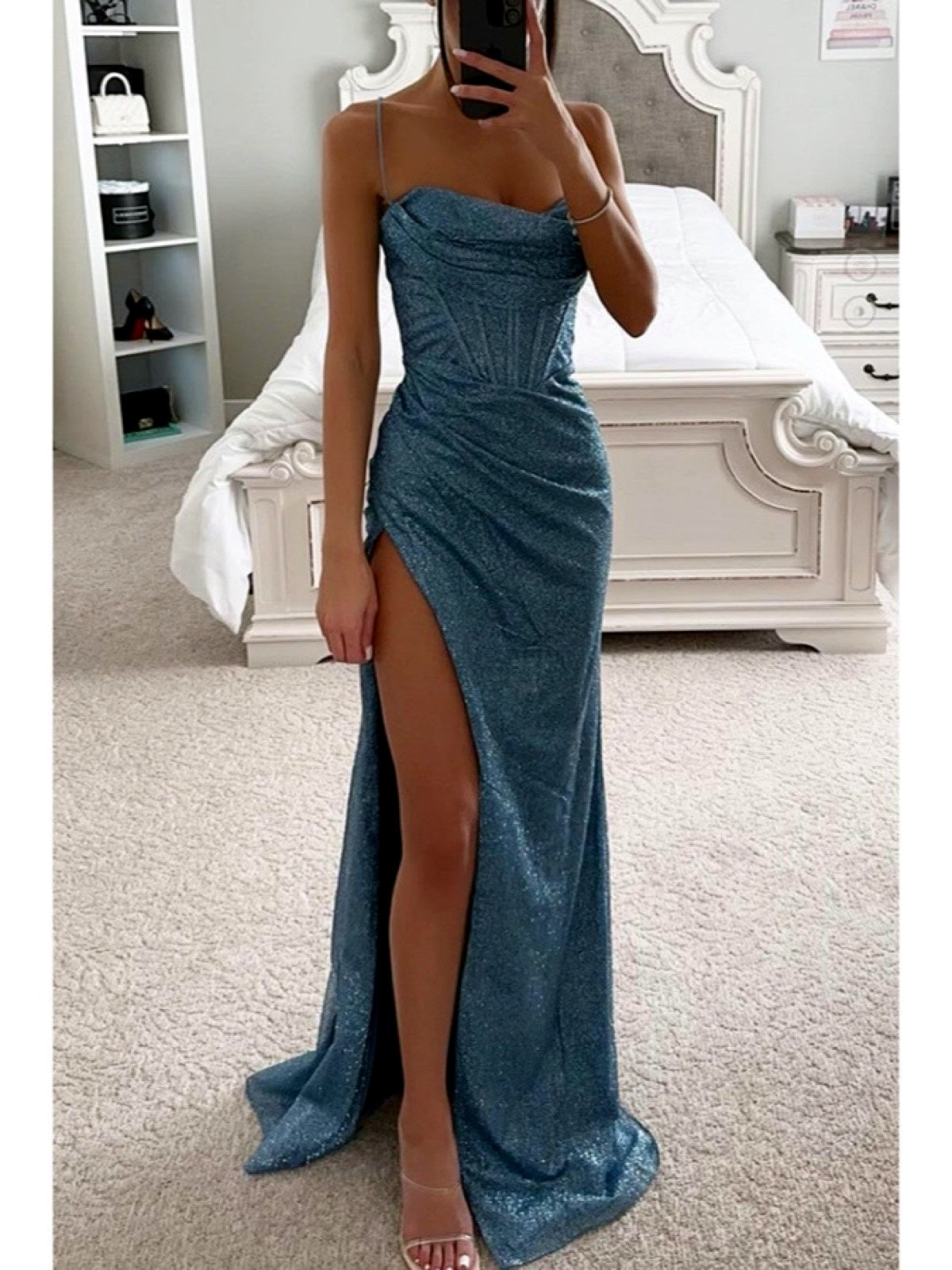 Women's Solid-Color Off-Shoulder Patchwork Zip-Front Pullover Dress in Blue - product view