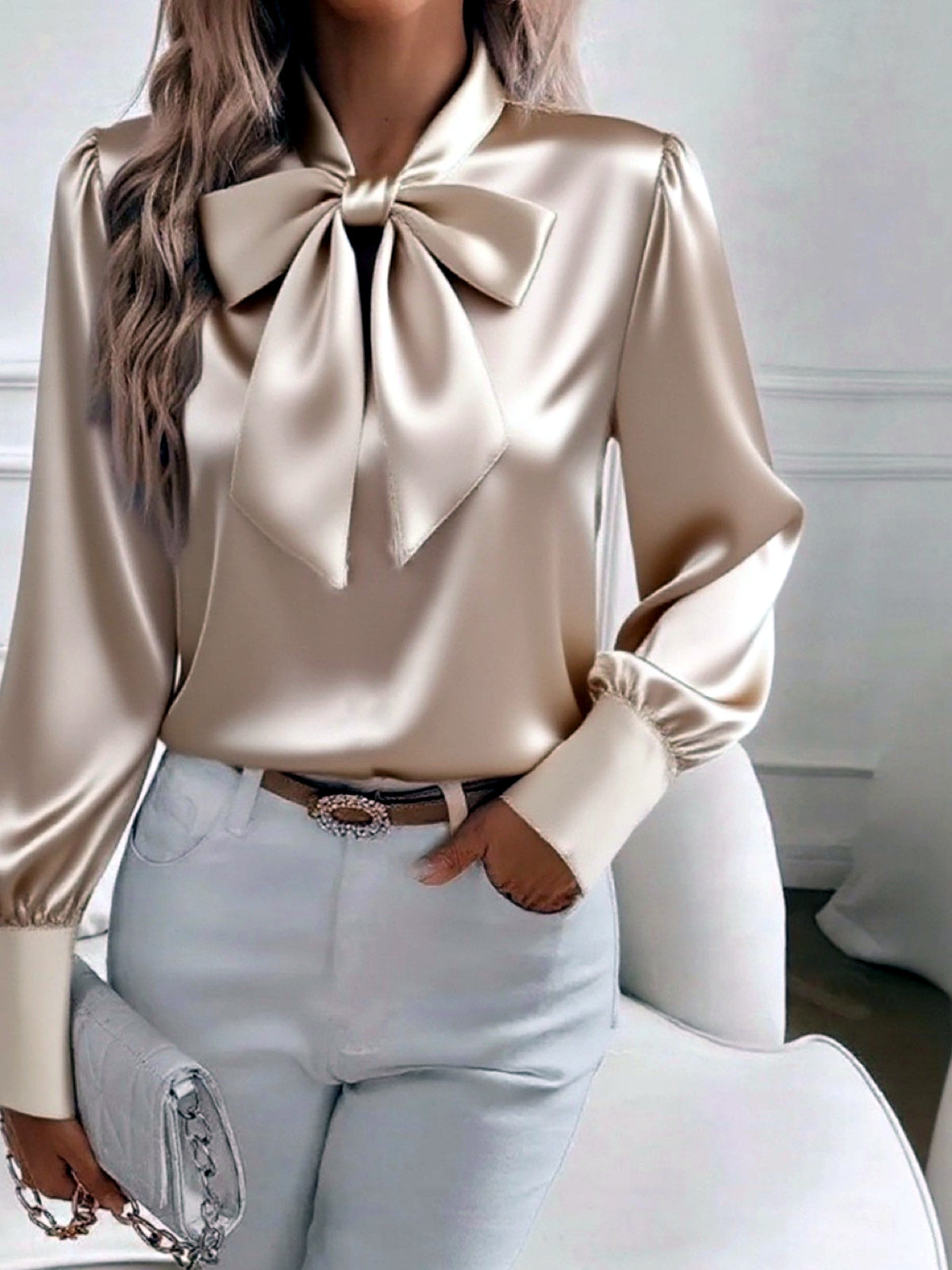 Women's Butterfly-Pattern Patchwork Long-Sleeve Shirt in Khaki - product view