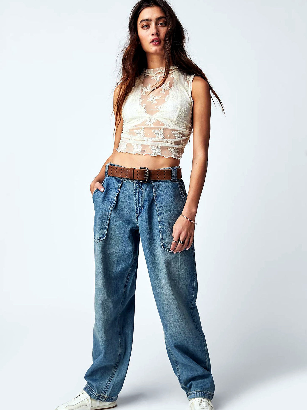 Women's Washed Denim Solid-Color Relaxed-Fit Slim-Fit Mid-Rise Jeans in Light Blue - product view