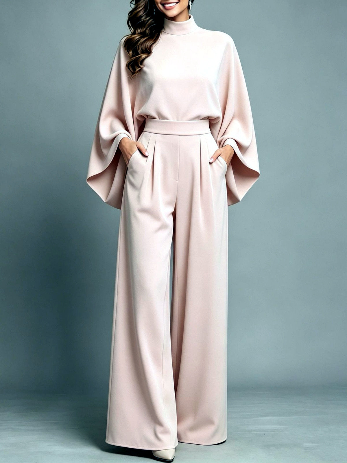 Relaxed-Fit Long-Sleeve Wide-Leg Top & Pants Set in Pink - product view