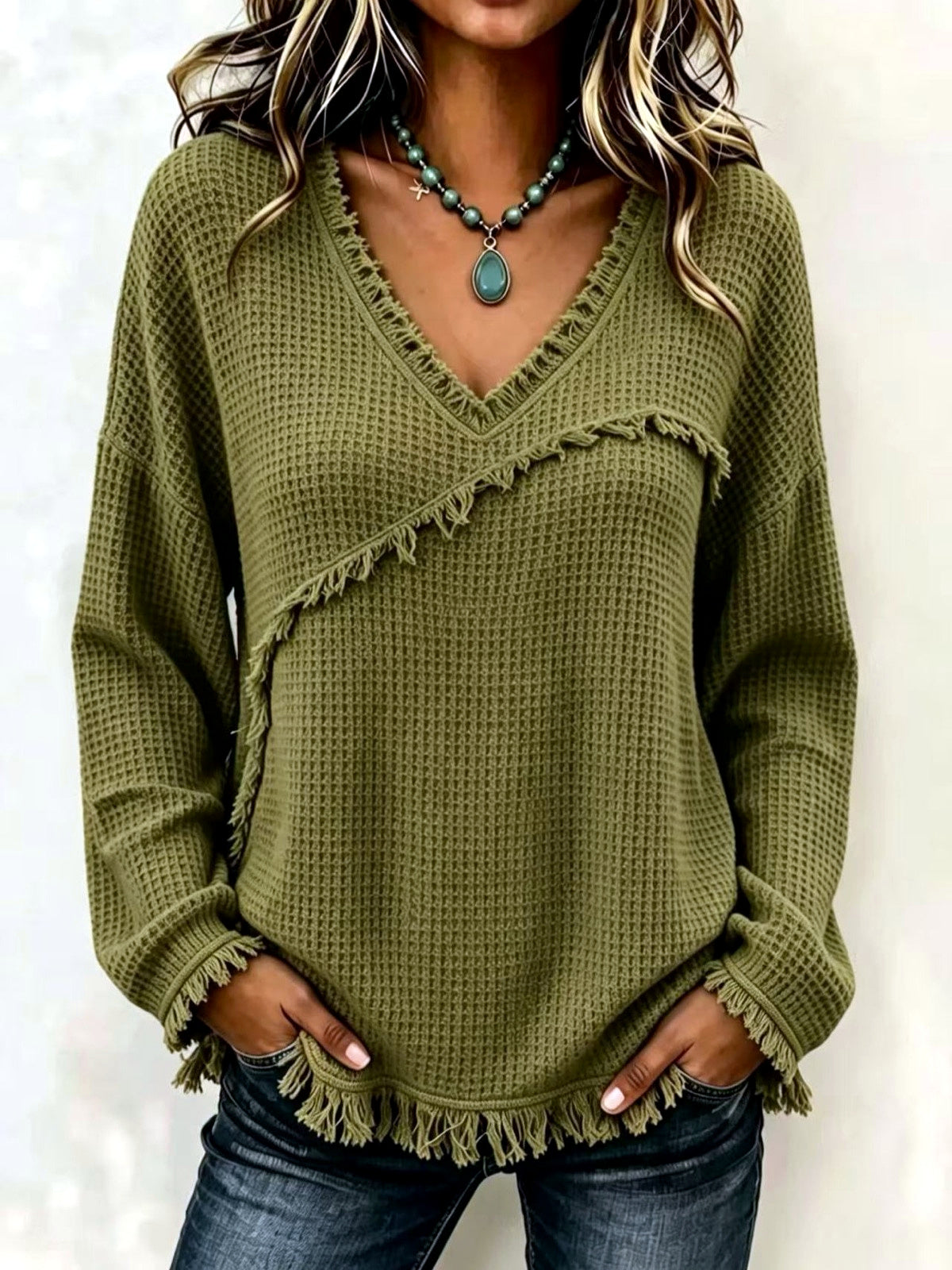 Women's Solid-Color V-Neck Fringe-Trim Relaxed-Fit Long-Sleeve Shirt in Army Green - product view