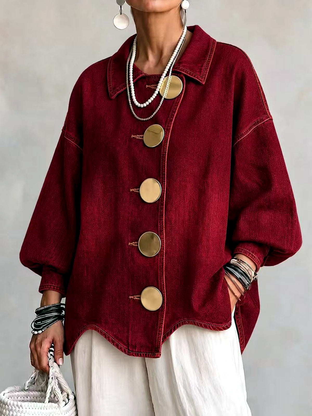 Women's Denim Point-Collar Button-Front Washed Jacket in Burgundy - product view
