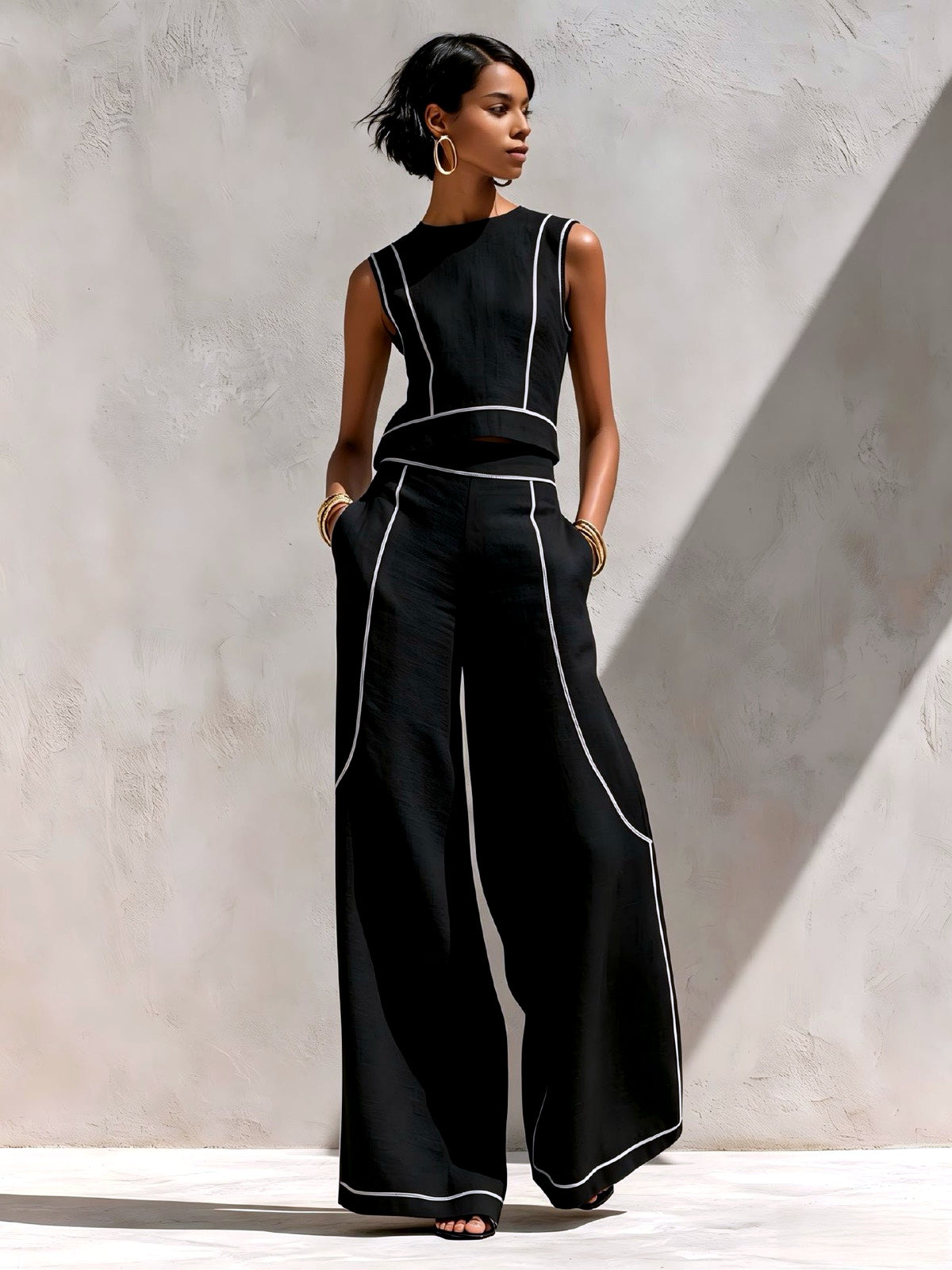 Women's Colorblock Sleeveless Wide-Leg Top & Pants Set in Black - product view