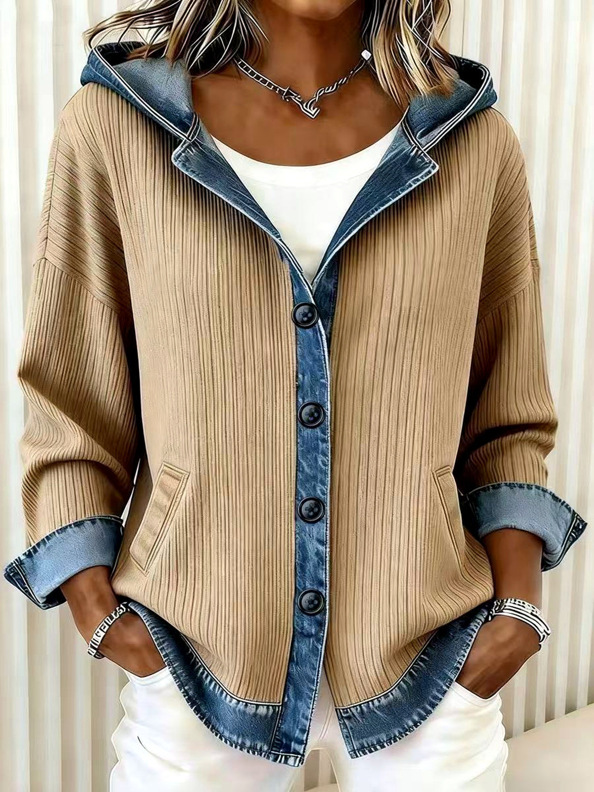 Women's Plaid Relaxed-Fit Hooded Cardigan in Apricot - product view