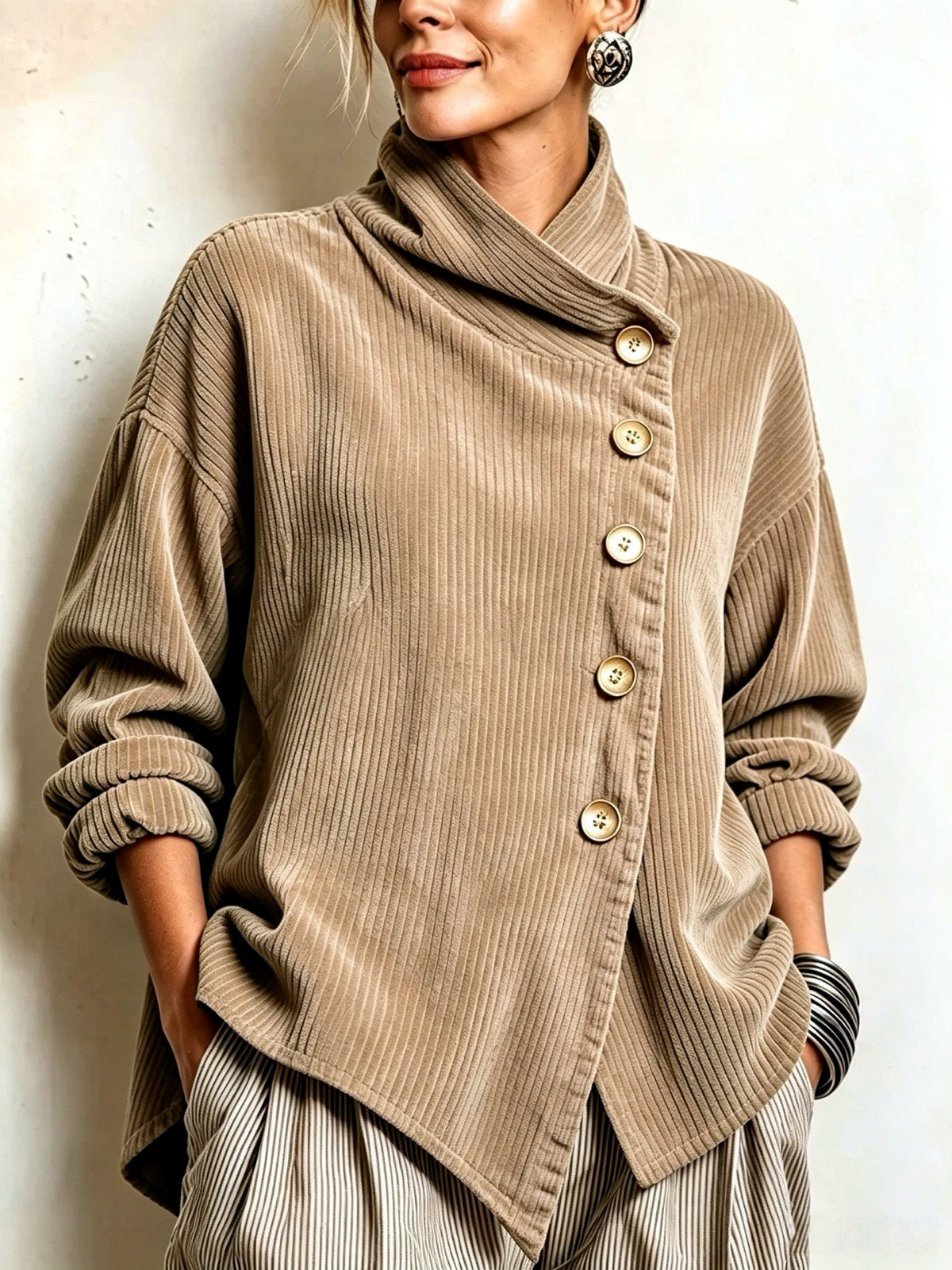 Women's Corduroy Relaxed-Fit Asymmetric Jacket in Khaki - product view