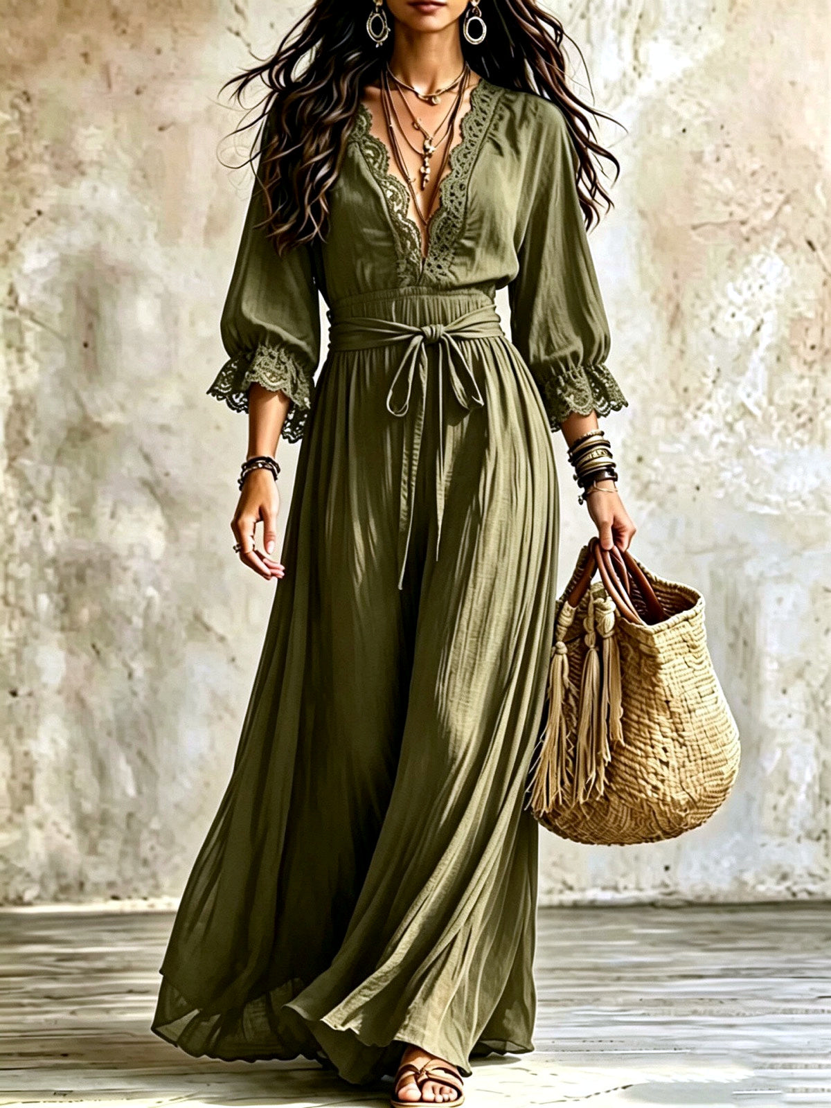 Women's V-Neck Lace-Trim Belted Flared Apparel in Army Green - product view