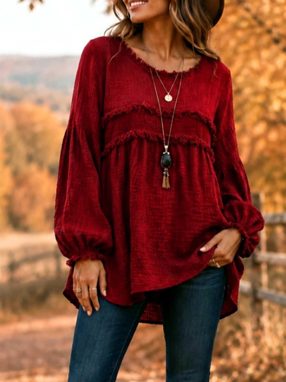 Fringe-Trim Lace-Trim Patchwork Accessory in Red - product view