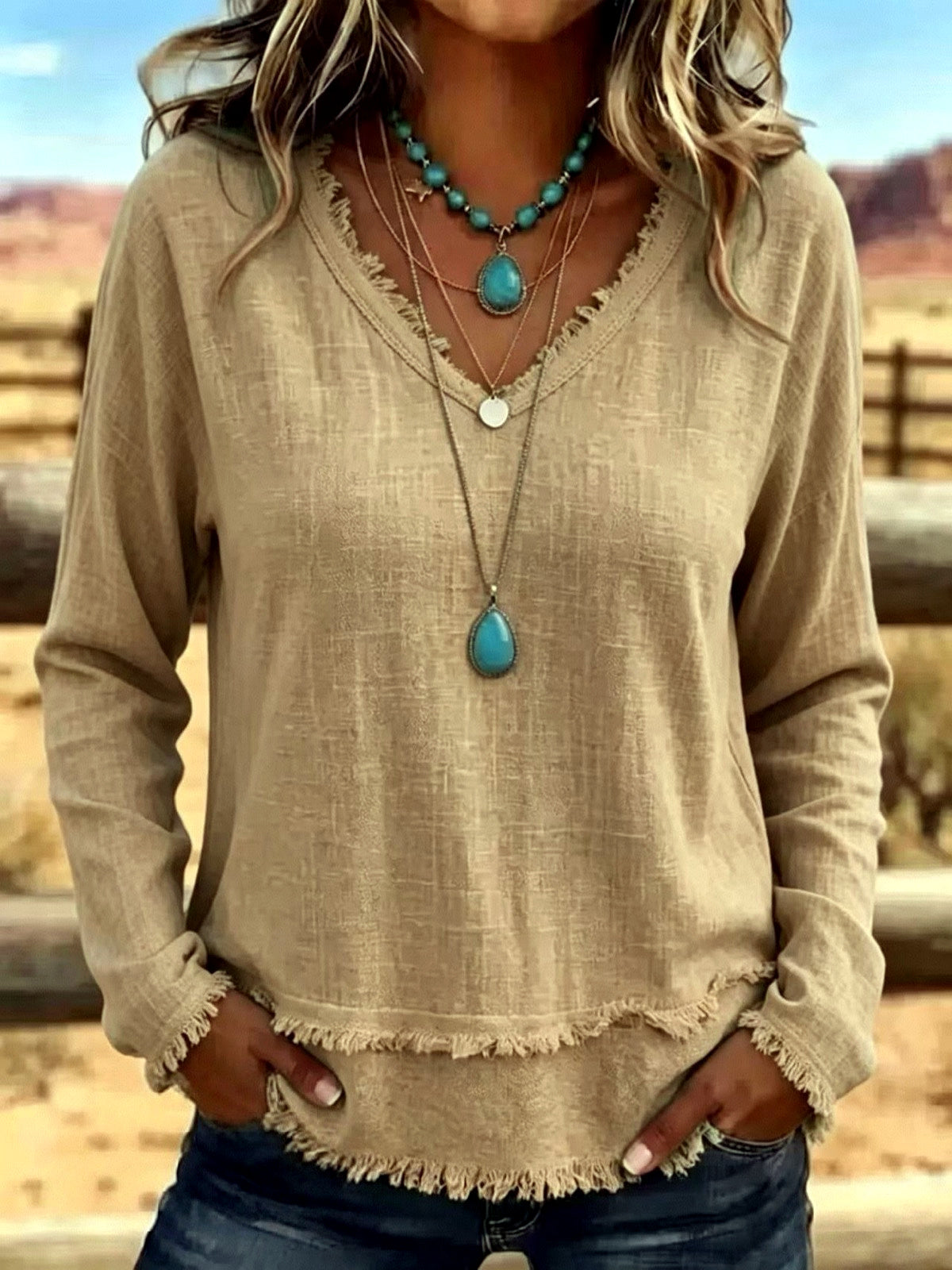 Women's Solid-Color V-Neck Relaxed-Fit Long-Sleeve T-Shirt in Khaki - product view