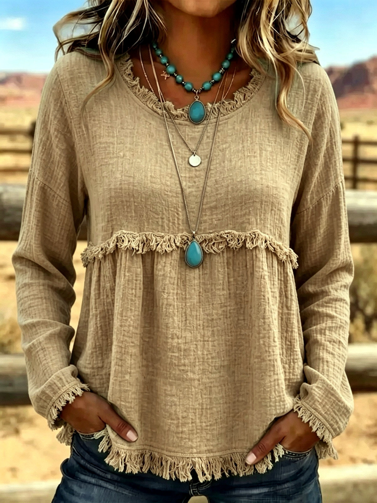 Crew-Neck Long-Sleeve Vintage-Inspired Shirt in Khaki - product view