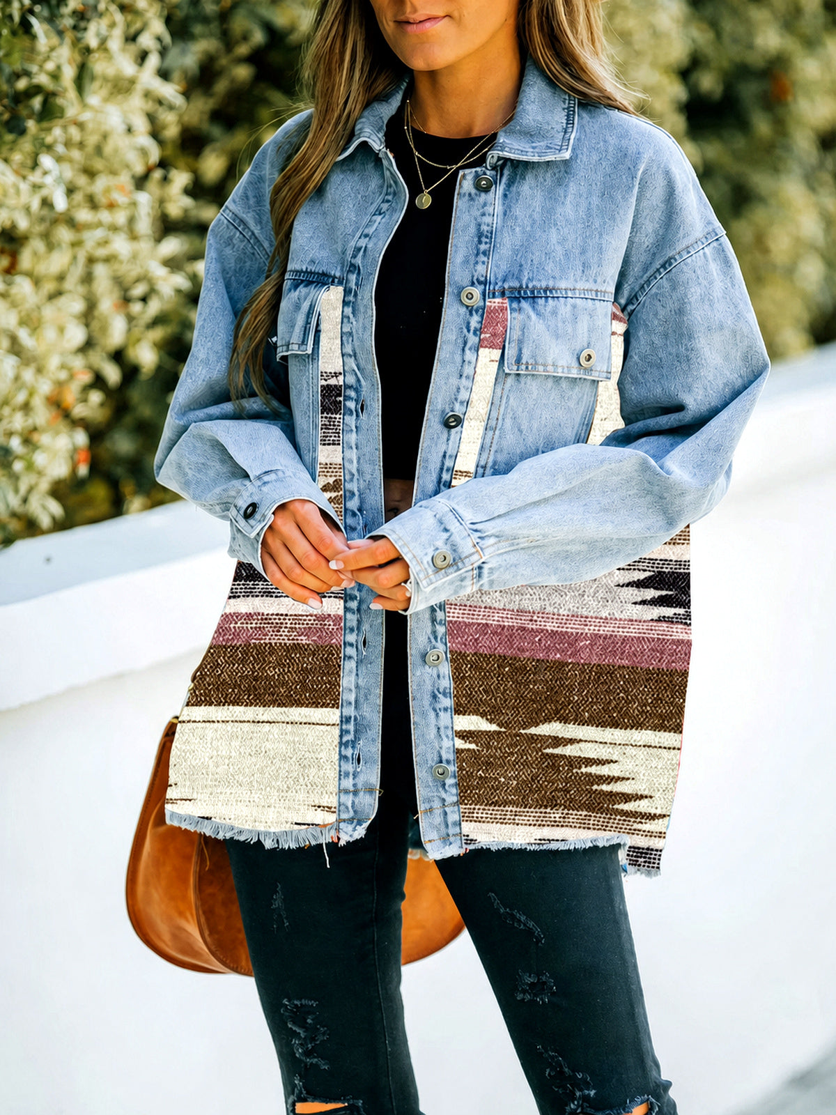 Women's Long Sleeve Open Front Blazer Cardigan Solid Color Casual Denim Raw-Hem Mid-Length Jacket in Khaki - product view