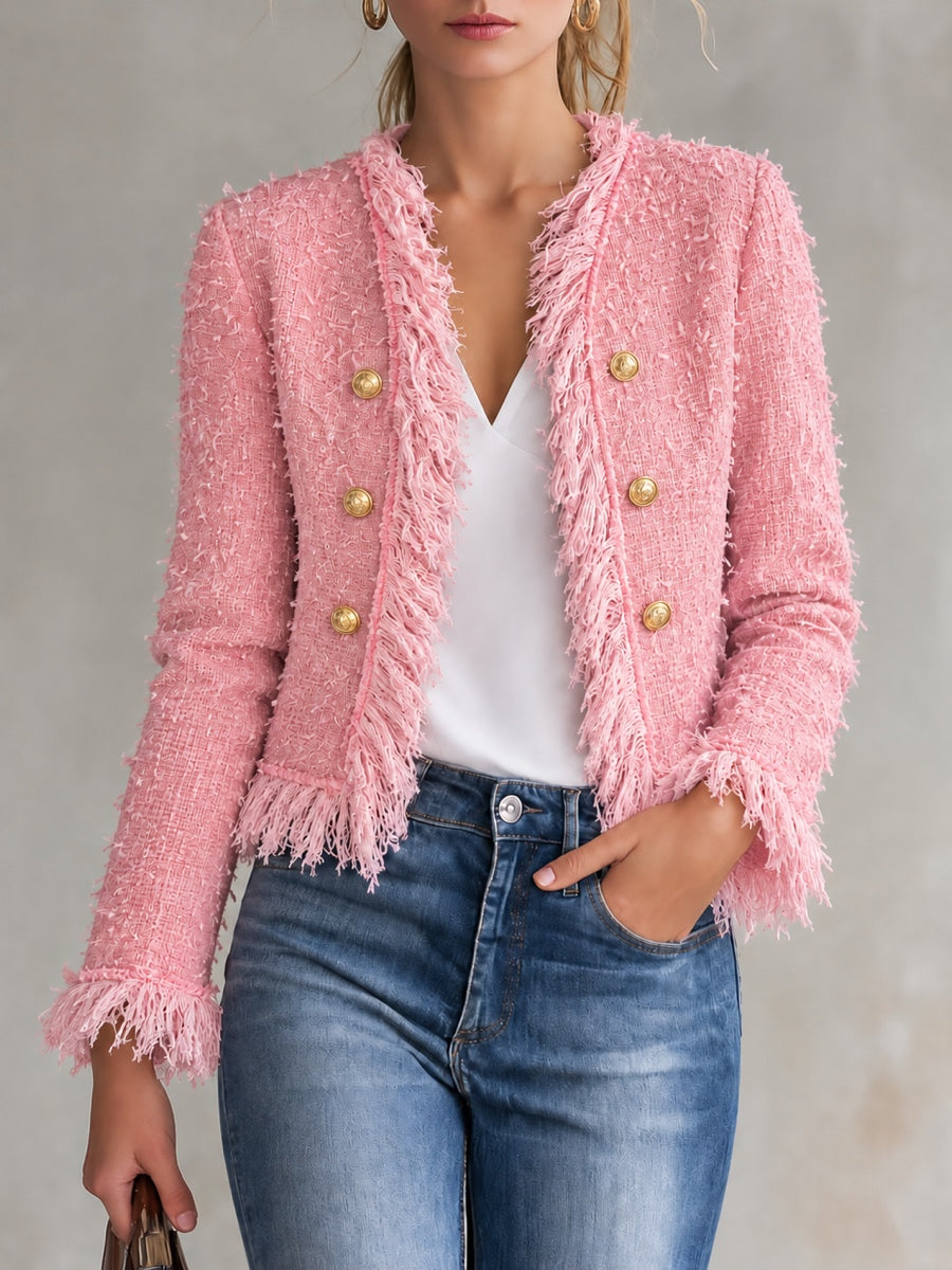 Tweed-Texture Fringe-Trim Cropped Blazer