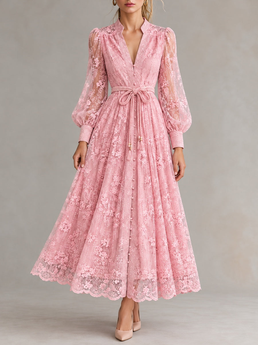 Women's Solid-Color V-Neck Lace-Trim Long-Sleeve Puff-Sleeve Dress