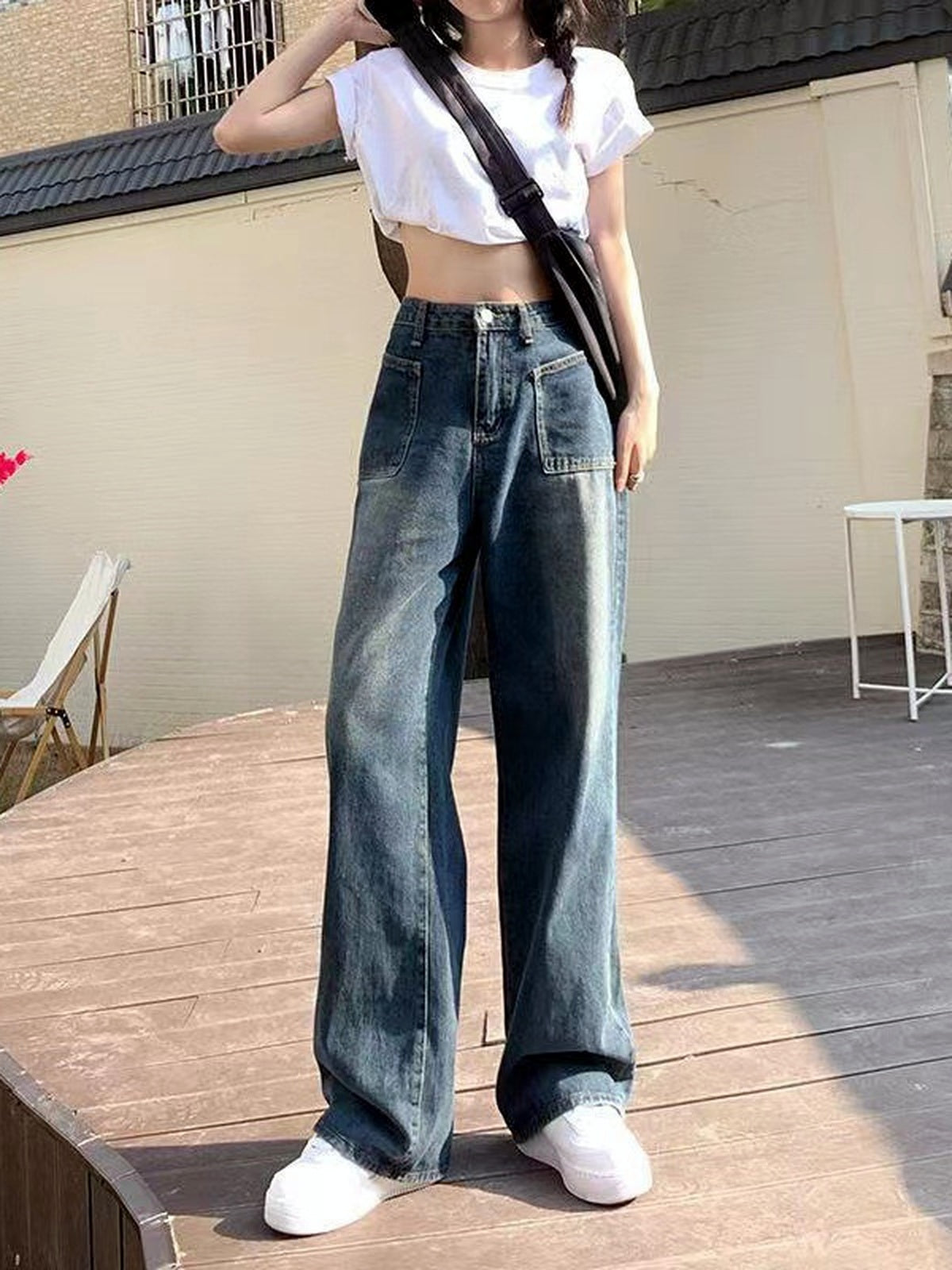 Women's Blue Gray Wide Leg Jeans, High Waist Loose Straight Denim Pants for Petite Casual Looks