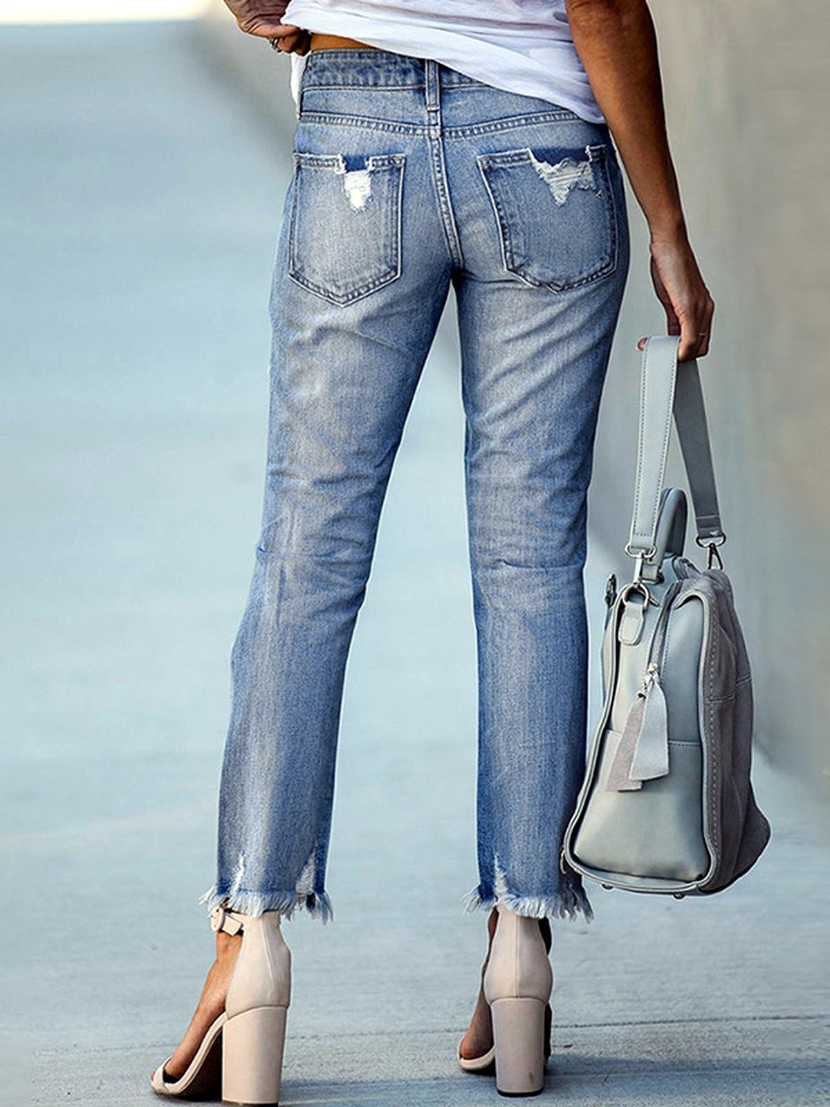 Women's Ripped Cropped Straight Jeans, Washed Distressed Denim Pants with Raw Hem Casual Fit