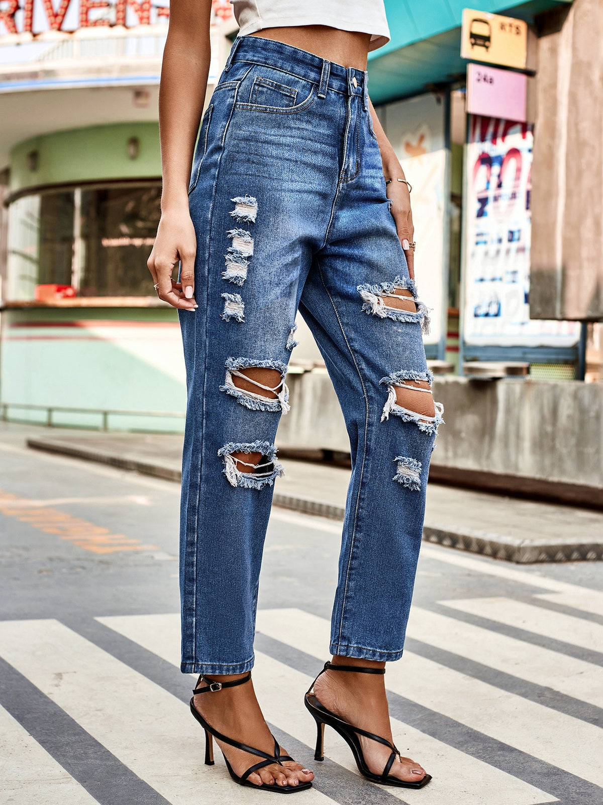 Women's Destroyed Straight Leg Jeans, Washed Ripped Denim Pants with Casual Ankle Length Fit