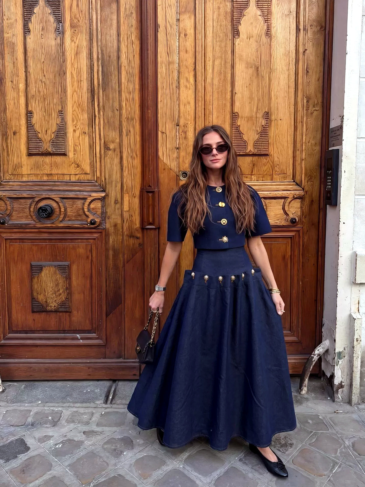 Women's Metal-Button Tie-Front Denim Top & Maxi Skirt Set - product detail view 2