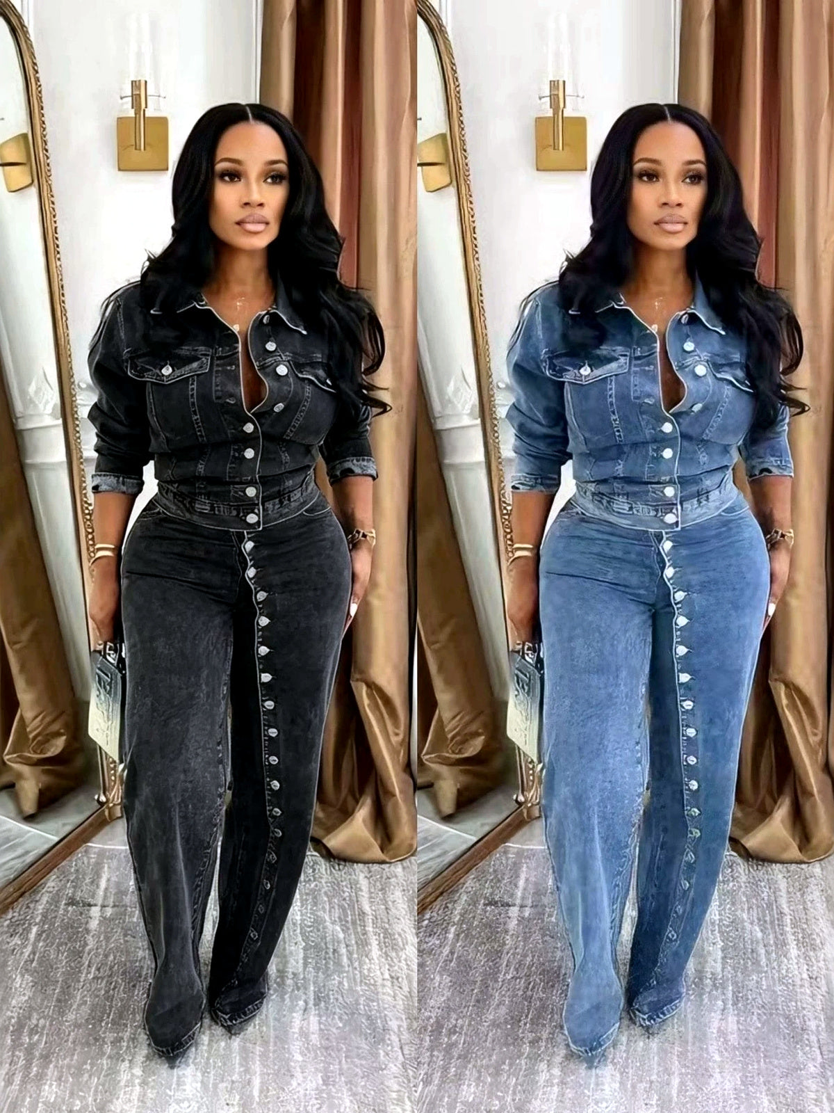 Women's Denim Button-Front Washed Two-Piece Set - product detail view 2