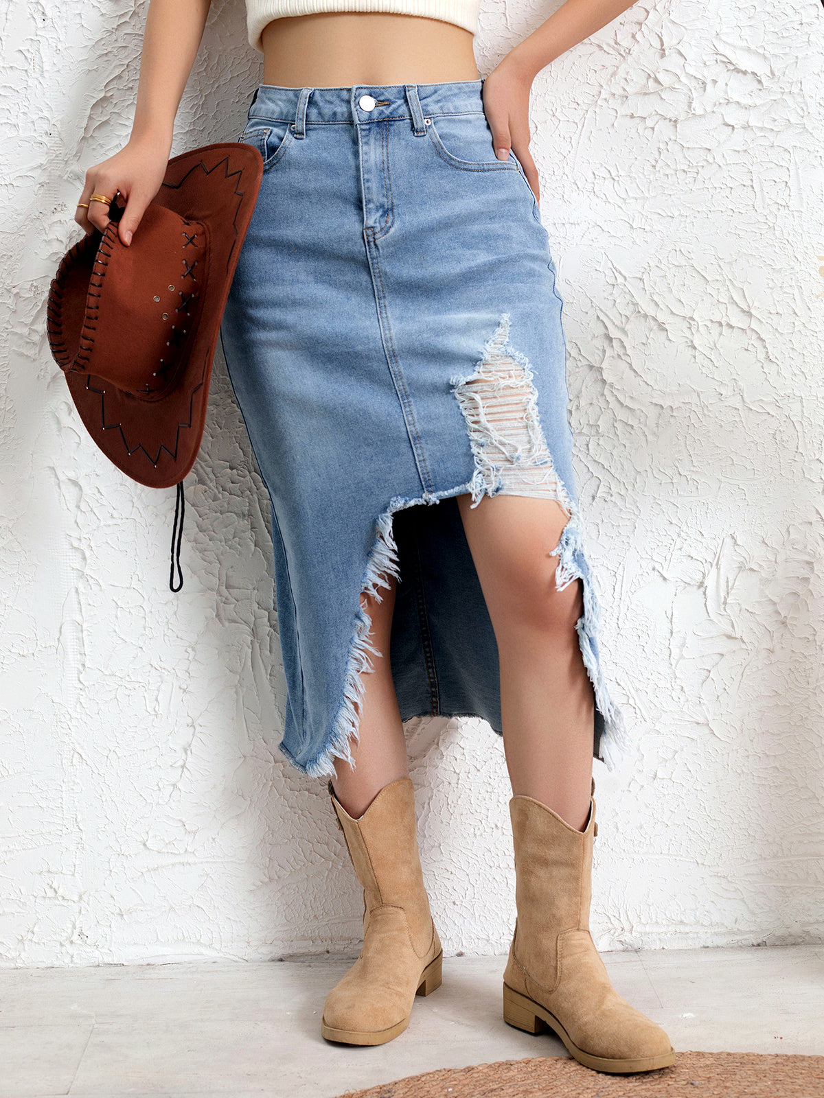 Women's Denim Distressed Stretch Asymmetric Slit Midi Skirt - product detail view 3