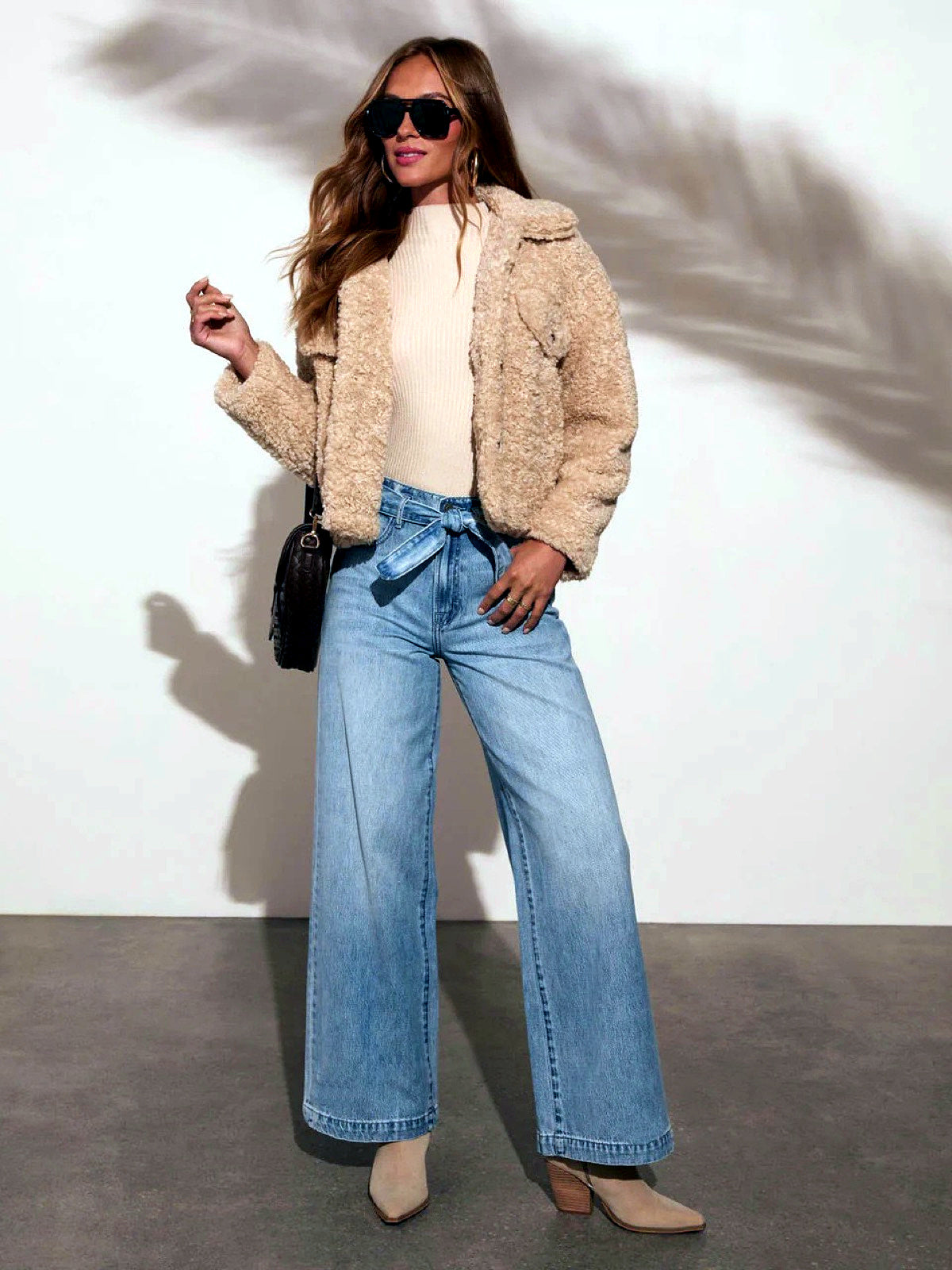 Women's Washed Denim High-Waist Tie-Belt Wide-Leg Jeans - product detail view 3