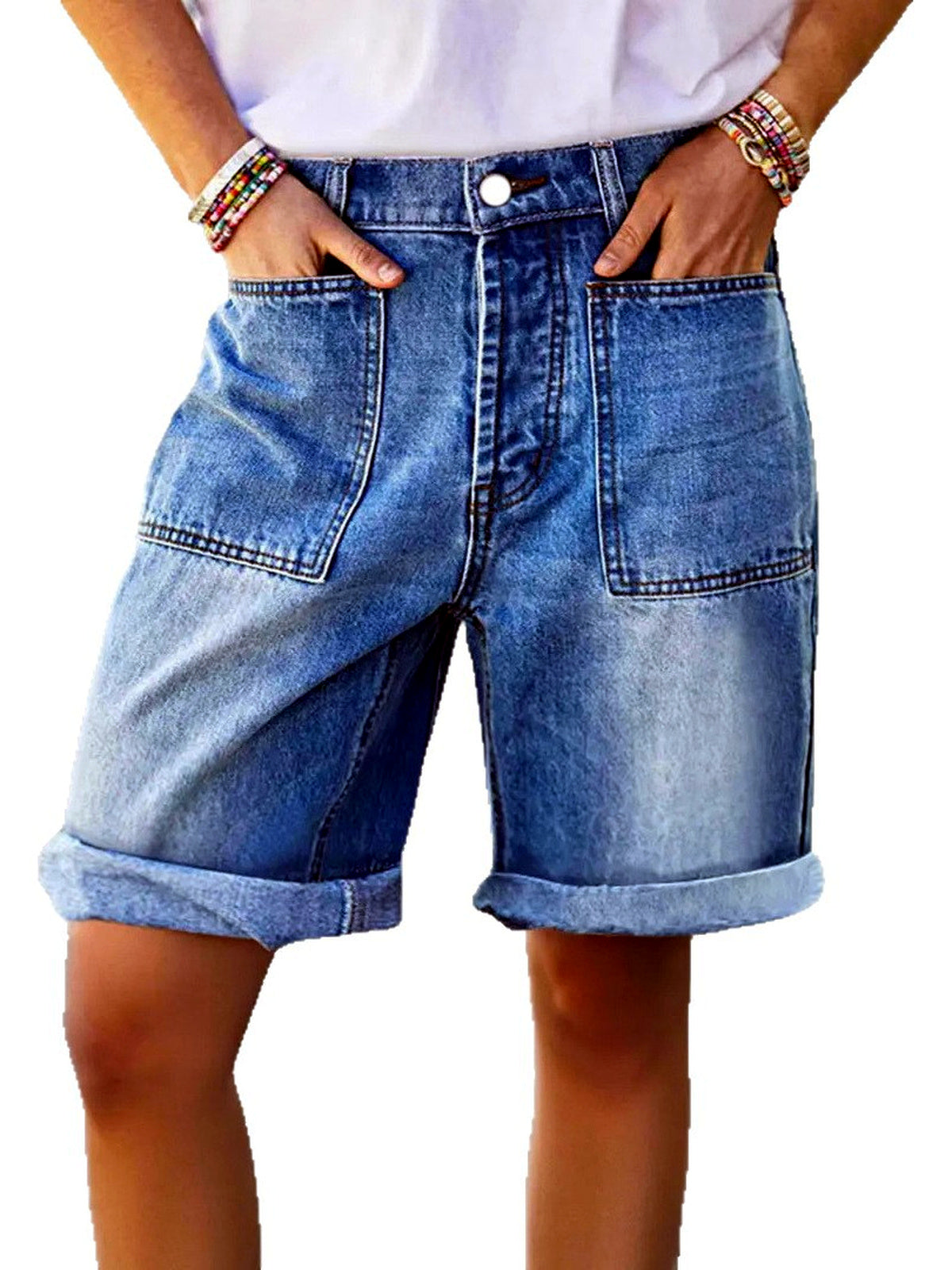 Women's Washed Denim Distressed Stretch Mid-Rise Straight-Leg Jeans - product detail view 2