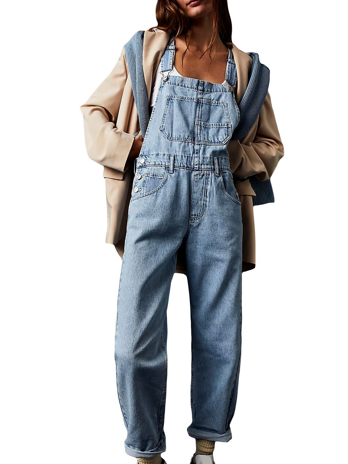 Women's Relaxed-Fit Washed Denim Bib Overalls with Utility Pocket in Light Blue - product view