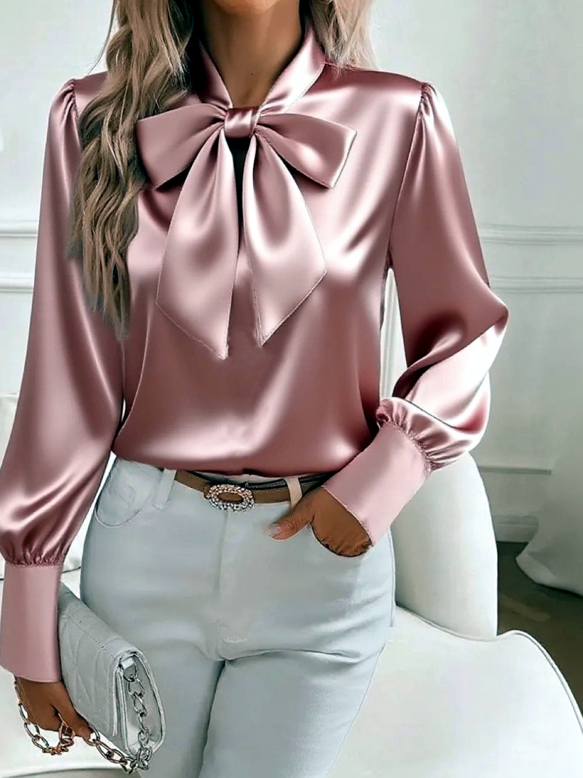 Women's Butterfly-Pattern Patchwork Long-Sleeve Shirt in Pink - product view