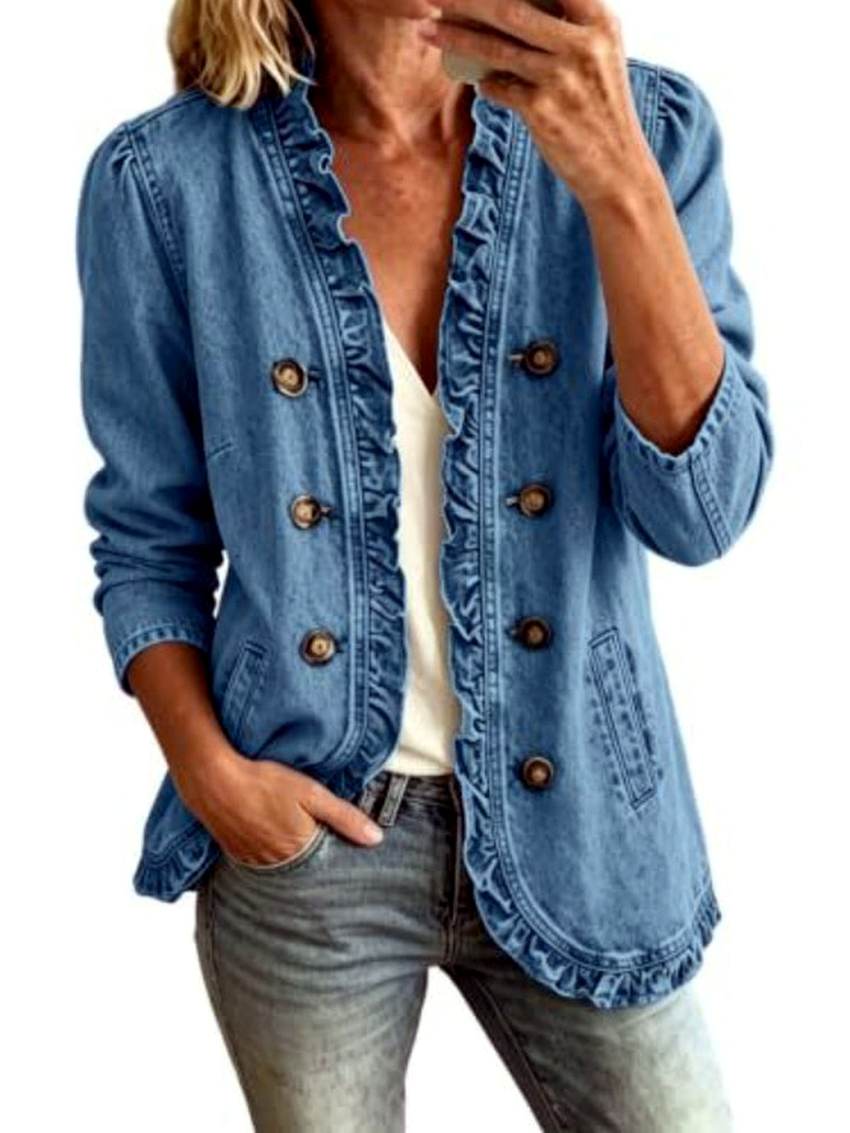Women's Denim Ruffle-Trim Button-Front Long-Sleeve Washed Jacket in Blue - product view
