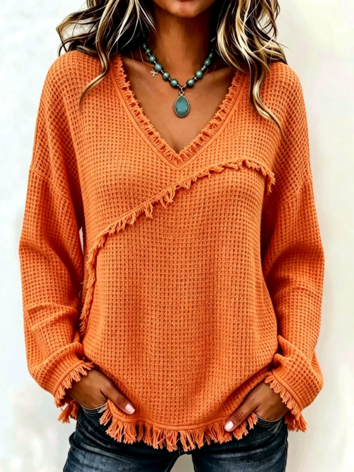 Women's Solid-Color V-Neck Fringe-Trim Relaxed-Fit Long-Sleeve Shirt in Orange - product view