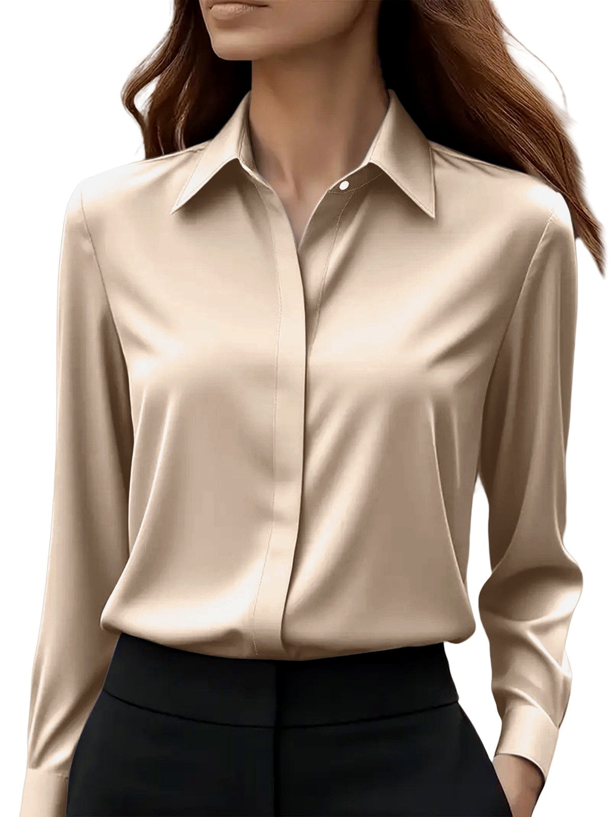 Women's Solid-Color Point-Collar Patchwork Button-Front Shirt in Khaki - product view