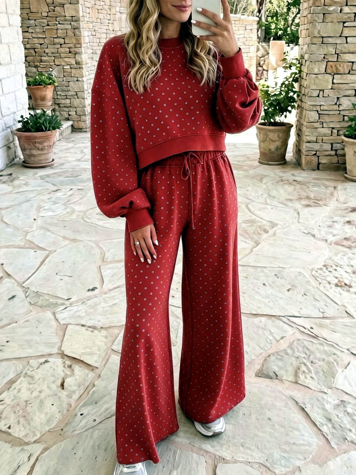 Women's Printed Polka-Dot High-Waist Wide-Leg Top & Pants Set in Red - product view