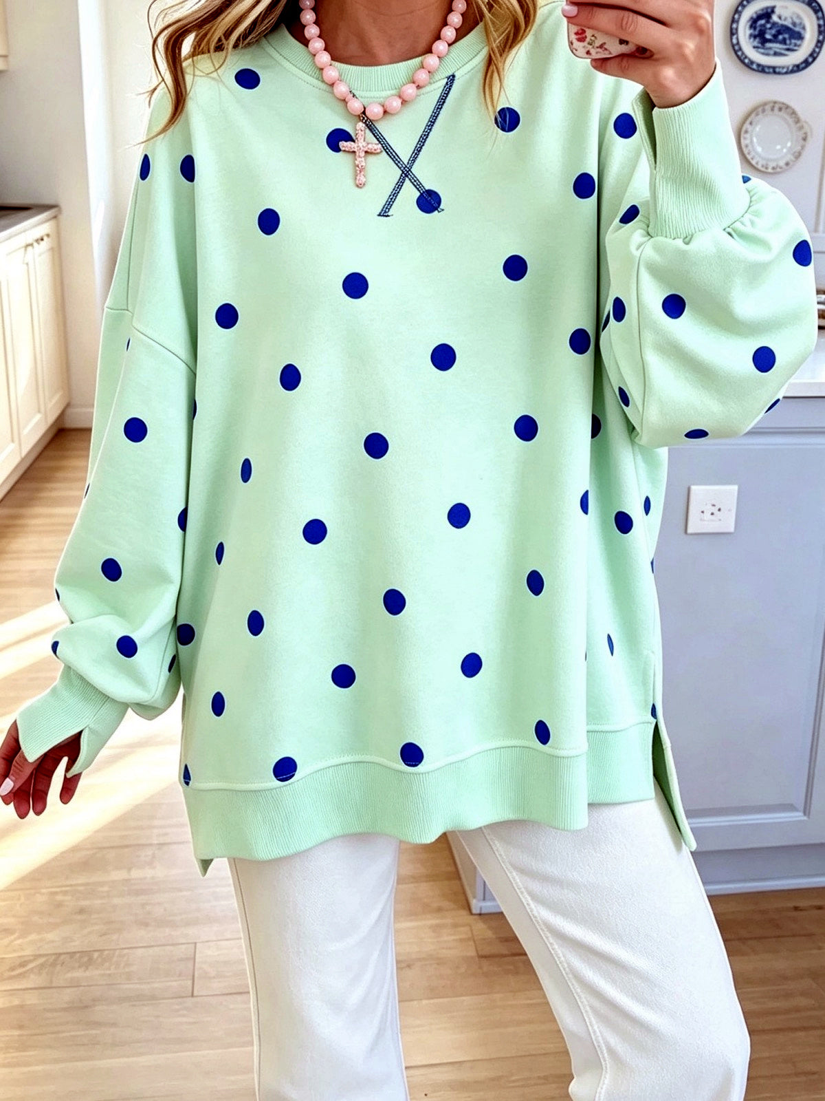 Women's Colorblock Printed Pullover Relaxed-Fit Long-Sleeve Top in Green - product view