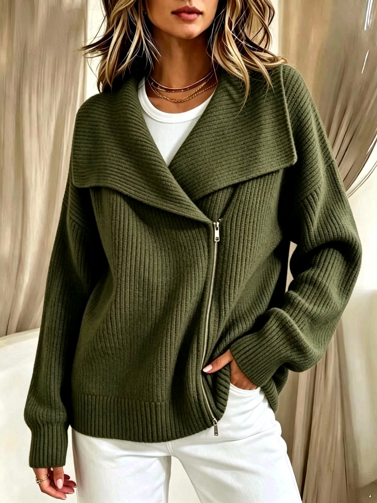 Women's Knit Solid-Color Zip-Front Relaxed-Fit Cardigan in Army Green - product view