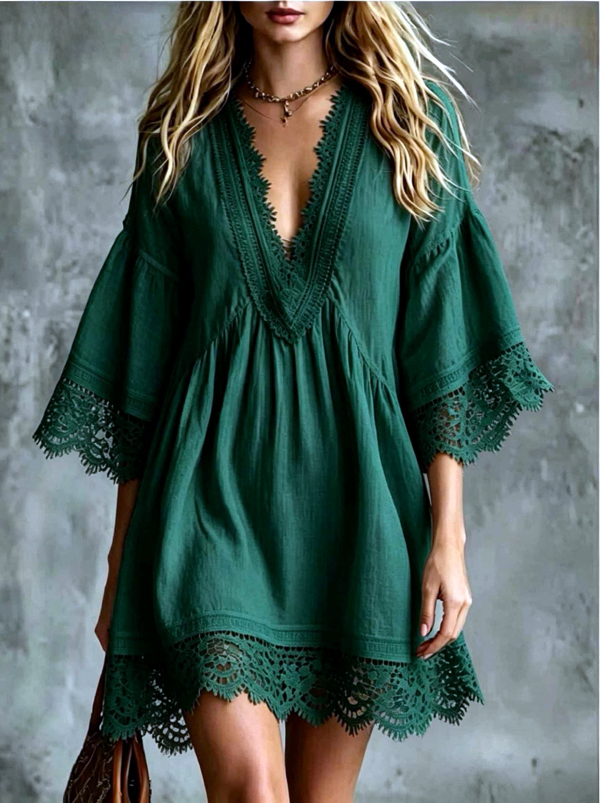 Women's Lace-Trim Patchwork Longline Mid-Length Dress in Green - product view