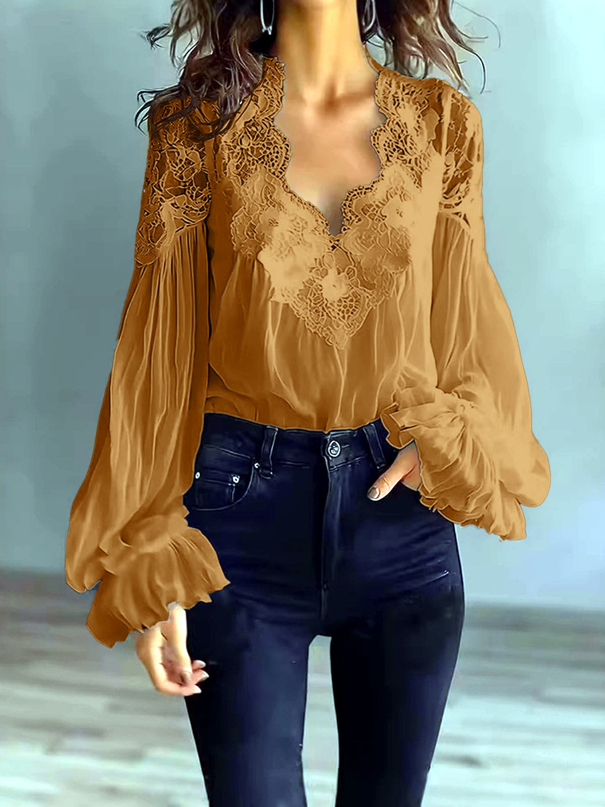 Women's Lace-Trim Patchwork Shirt in Brown - product view