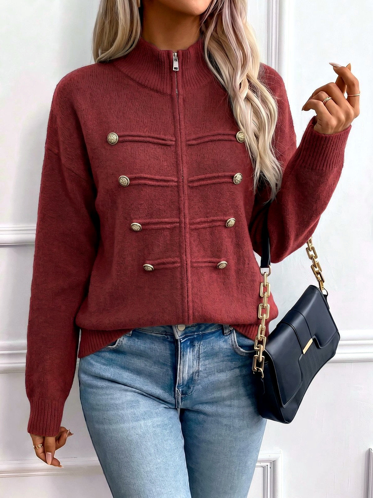 Women's Knit Stand-Collar Zip-Front Cardigan in Burgundy - product view