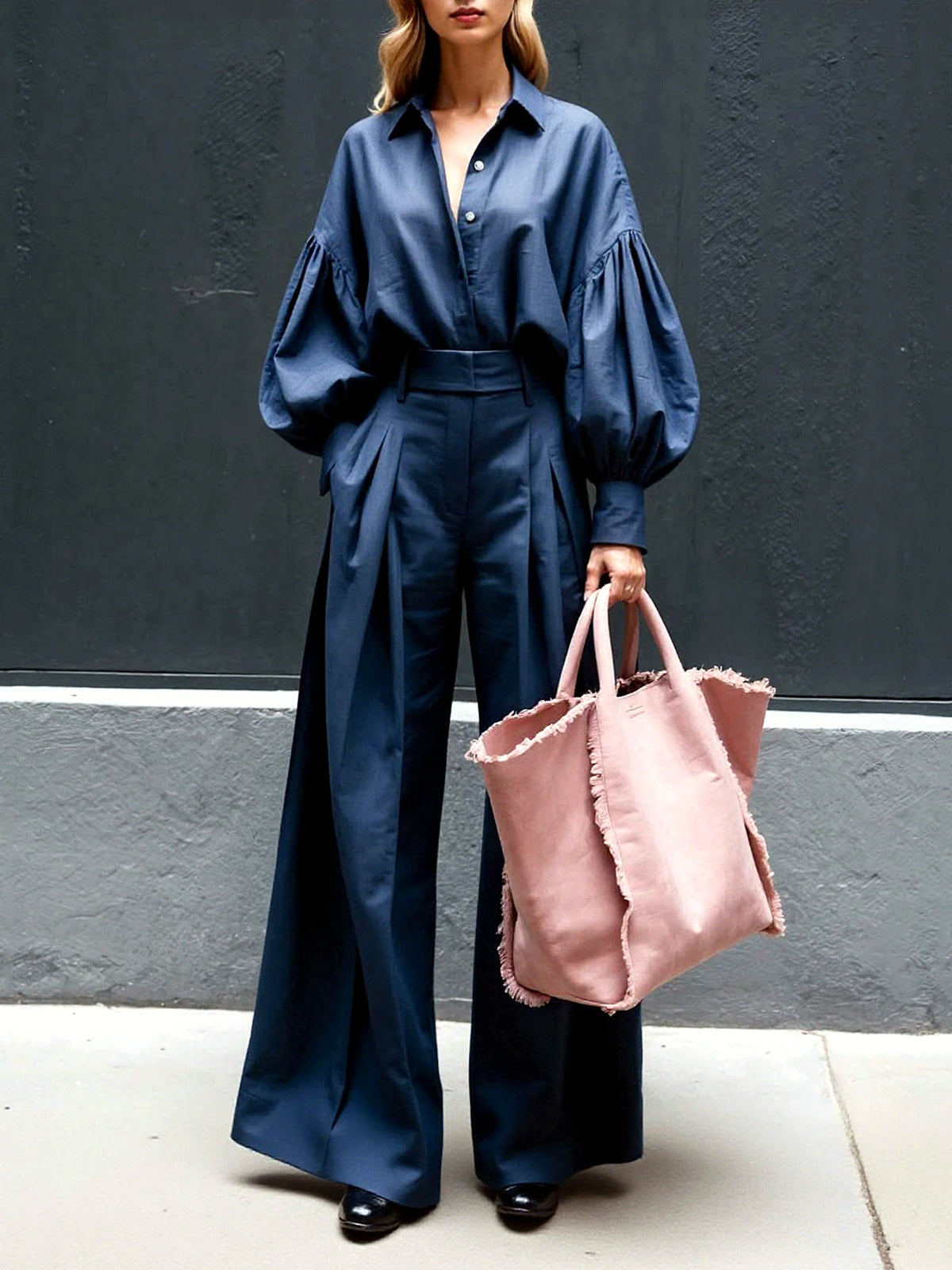 Linen-Blend Solid-Color Patchwork Long-Sleeve Wide-Leg Top & Pants Set in Blue - product view